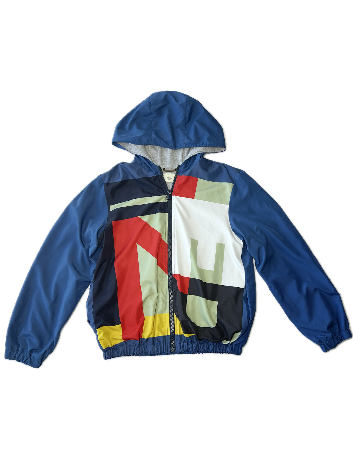 Blue Fendi light jacket with multicoloured print in front and hood