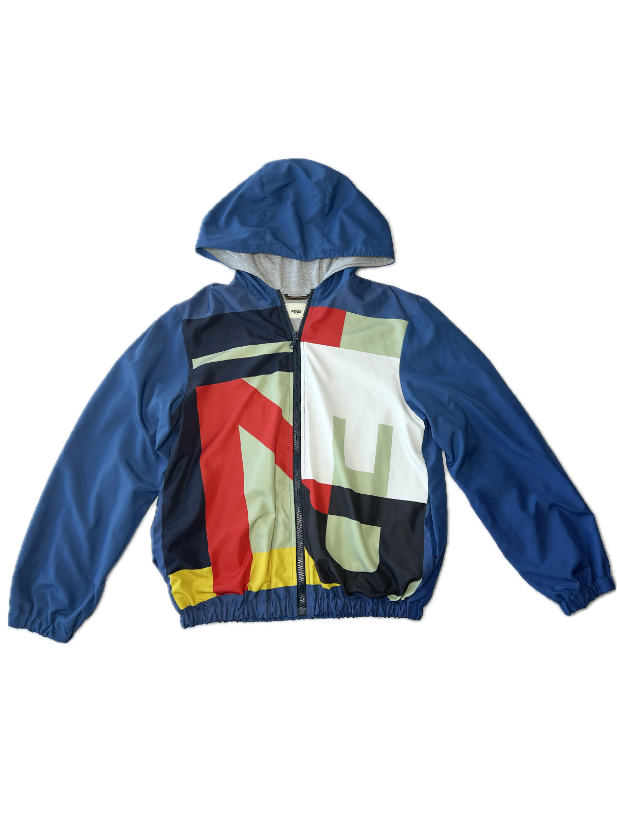 Blue Fendi light jacket with multicoloured print in front and hood. - FENDI