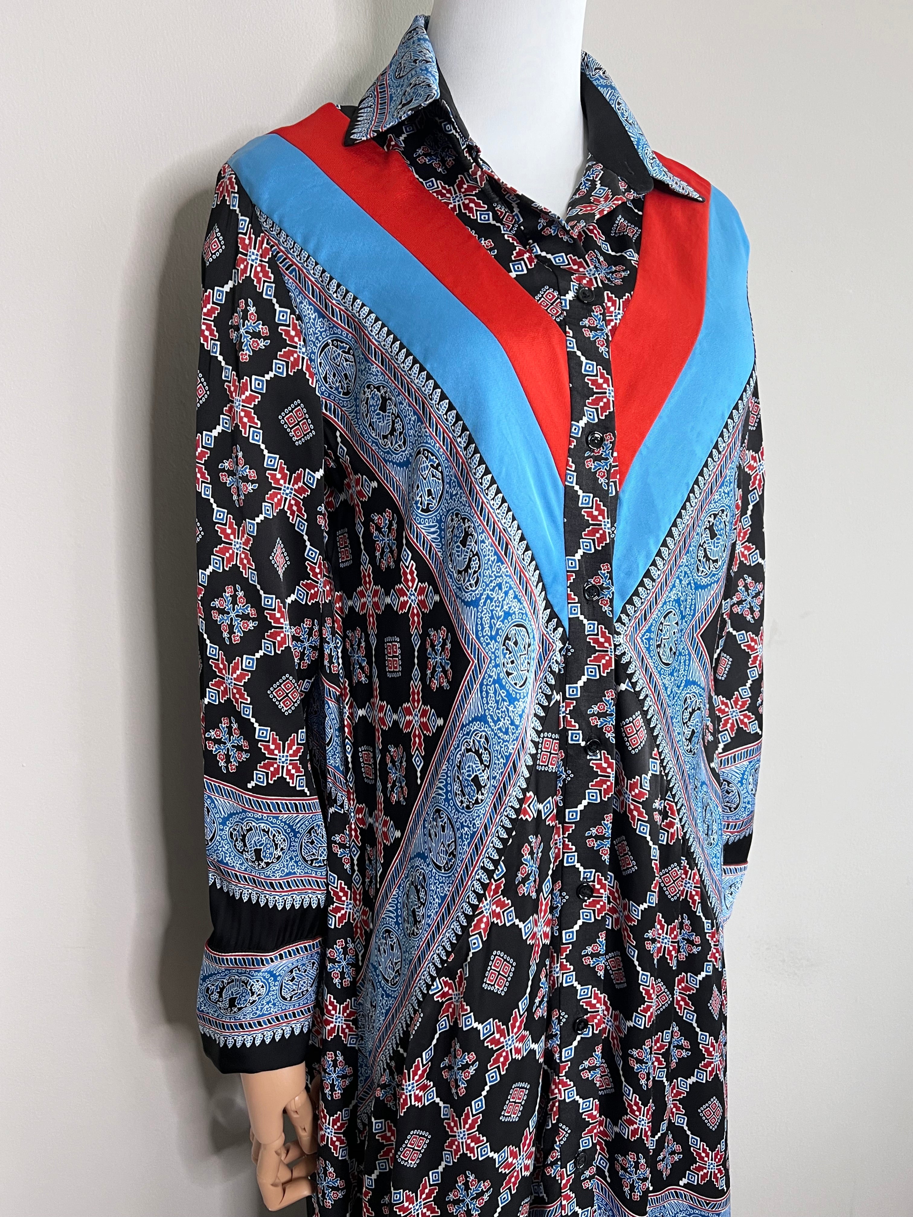 Multicolor John belted cady paneled printed twill shirt dress - SANDRO