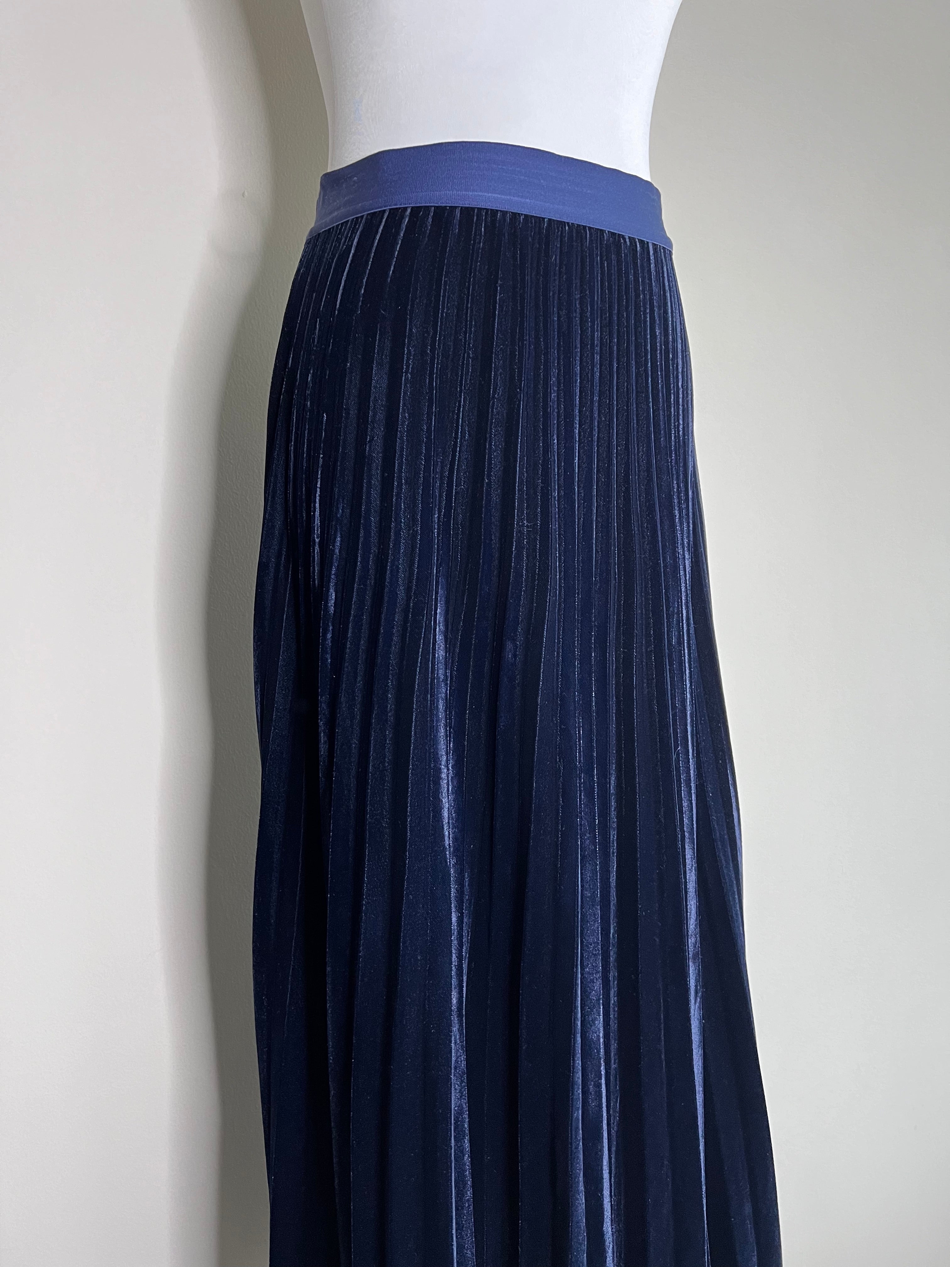 Navy Blue Caro Velvet Pleated Maxi Skirt - SANDRO