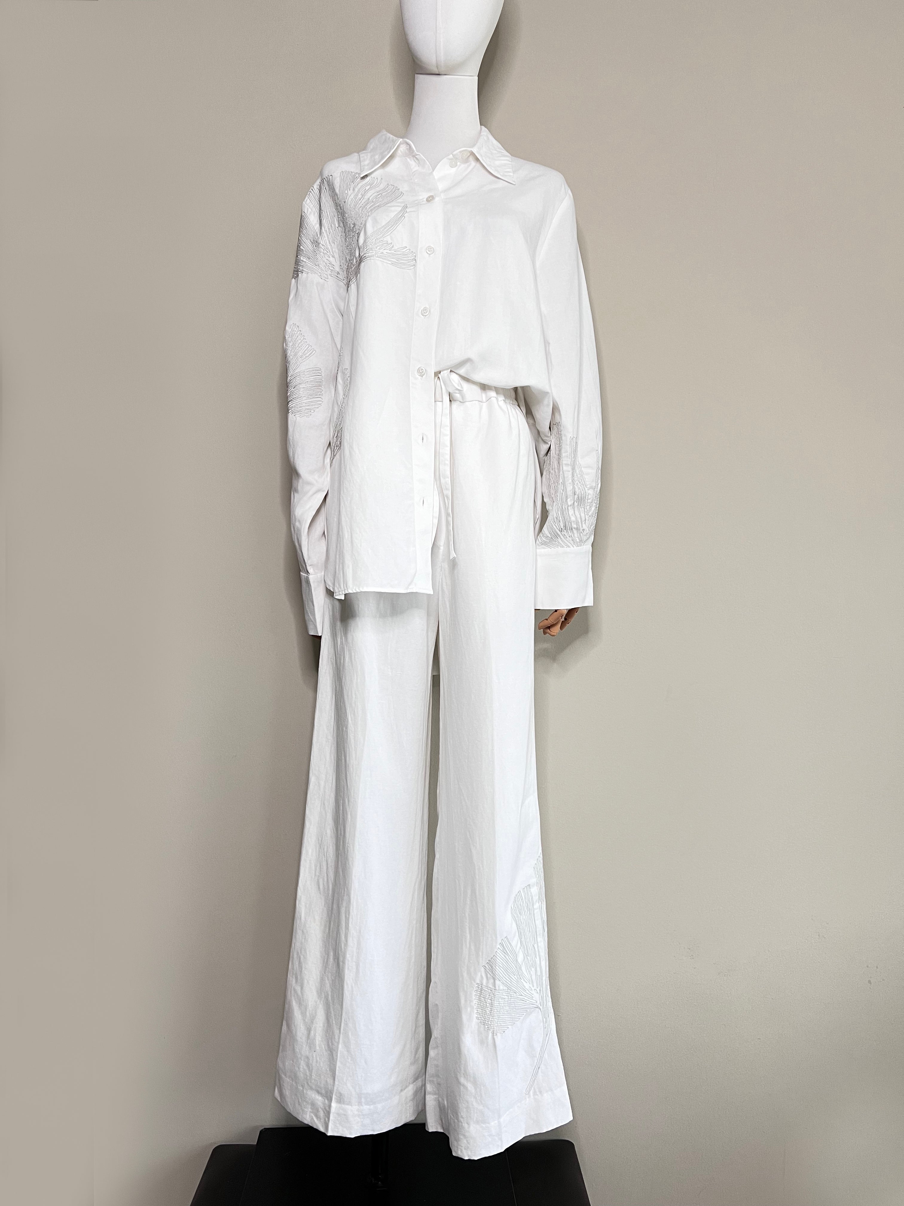 A set of white linen embelished Drawstring wide leg pants with longsleeve - COS