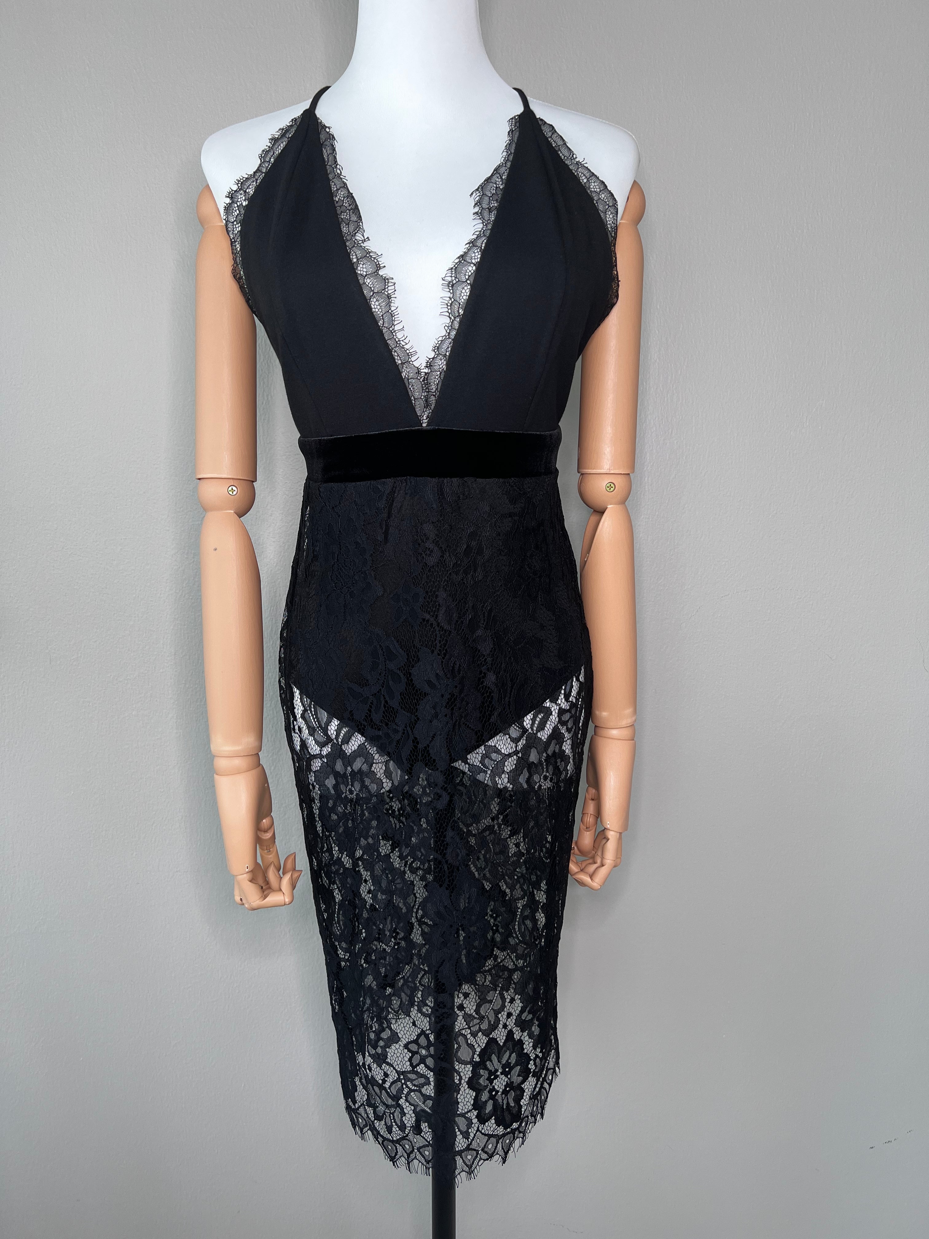 Black Lace Spaghetti Strap Bodysuit Dress - Michaelcostello