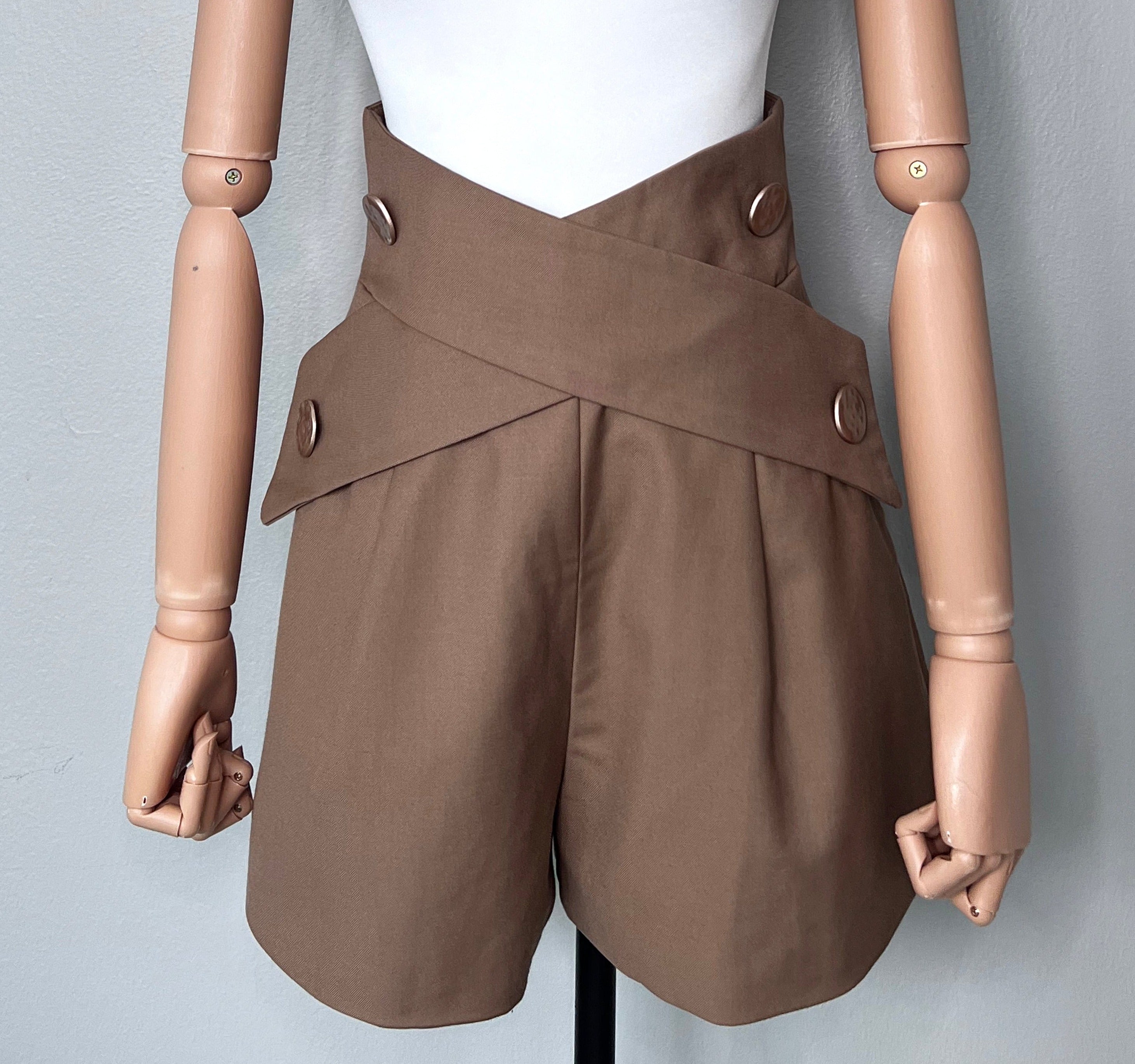 Brown high waist shorts with four button criss cross design - unbranded