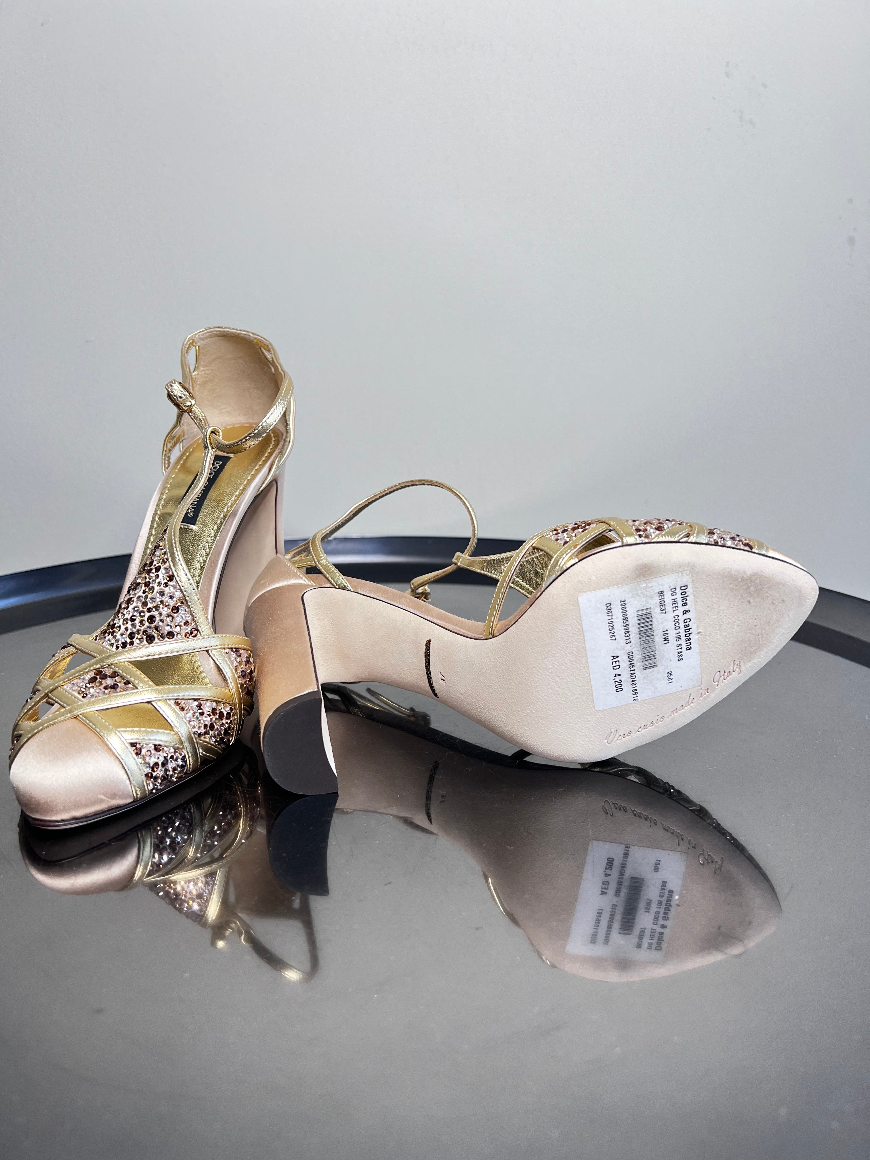 Mettalic gold leather and satin crystal emlellished Sandals - Dolce&Gabbana