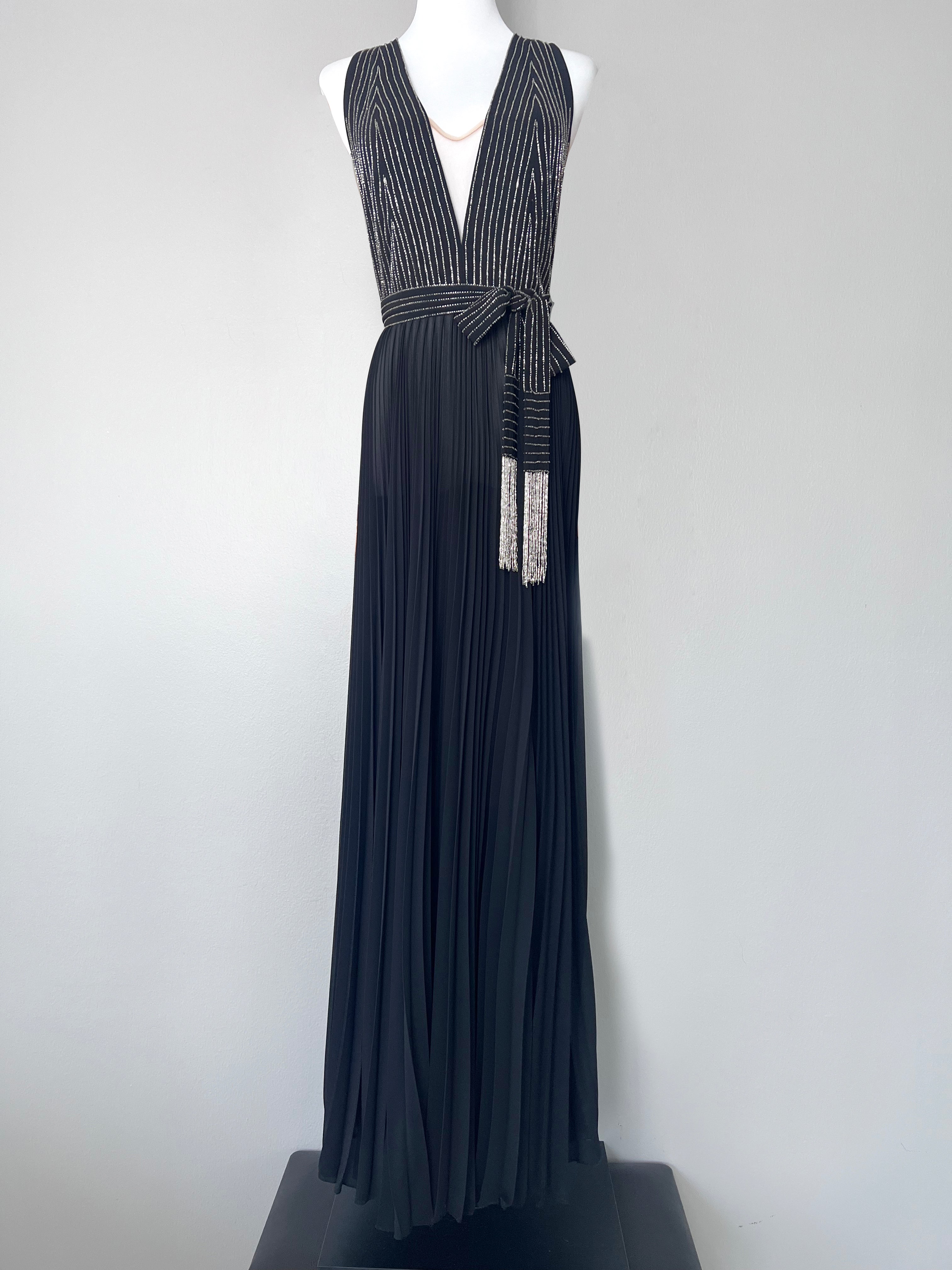 BRAND NEW ! Black Long rhombus design dress with plunging neckline with beads pleated skirt - Elisabetta Franchi Red Carpet
