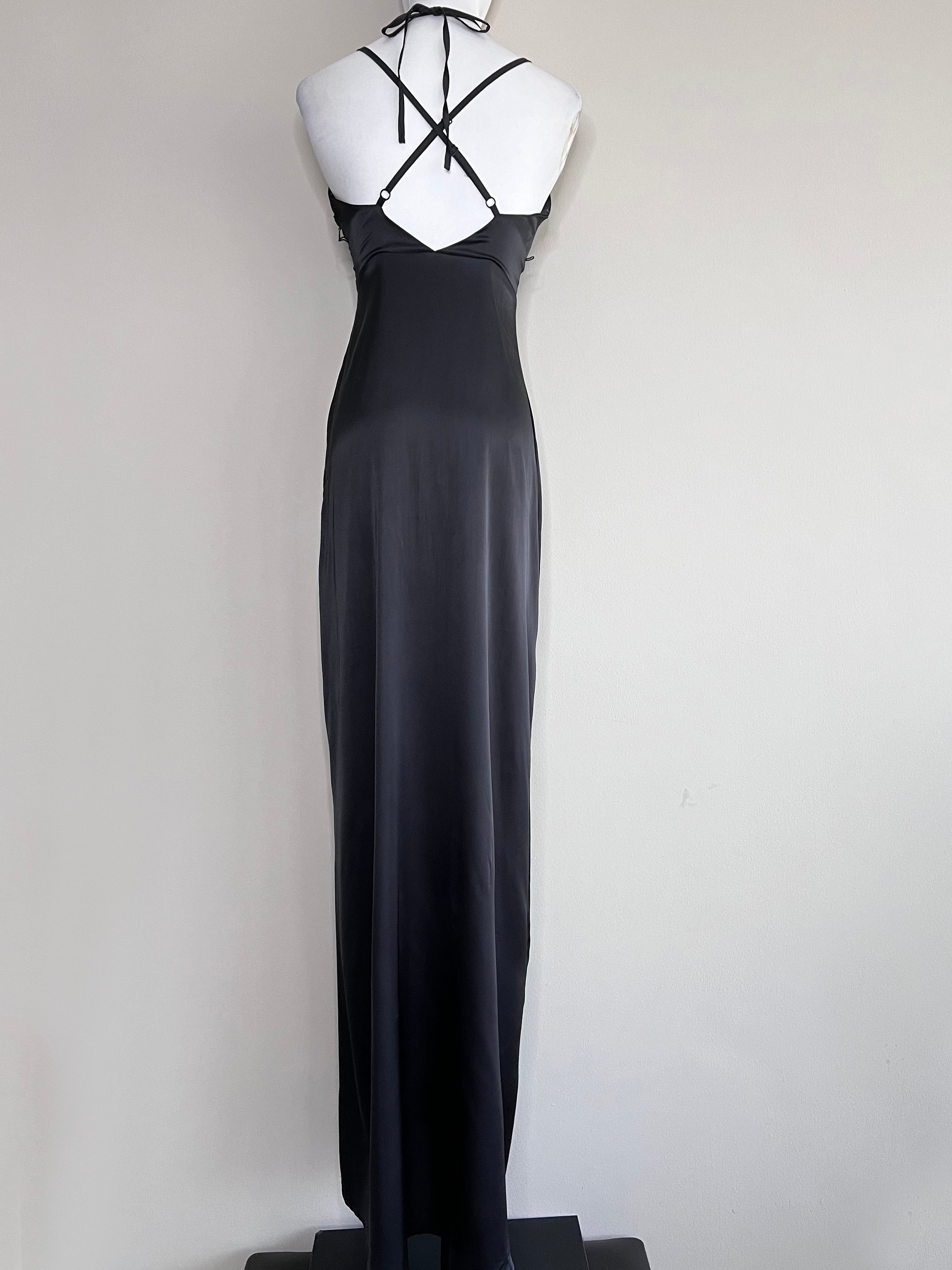 Black strappy Fissione maxi slip dress in satin
