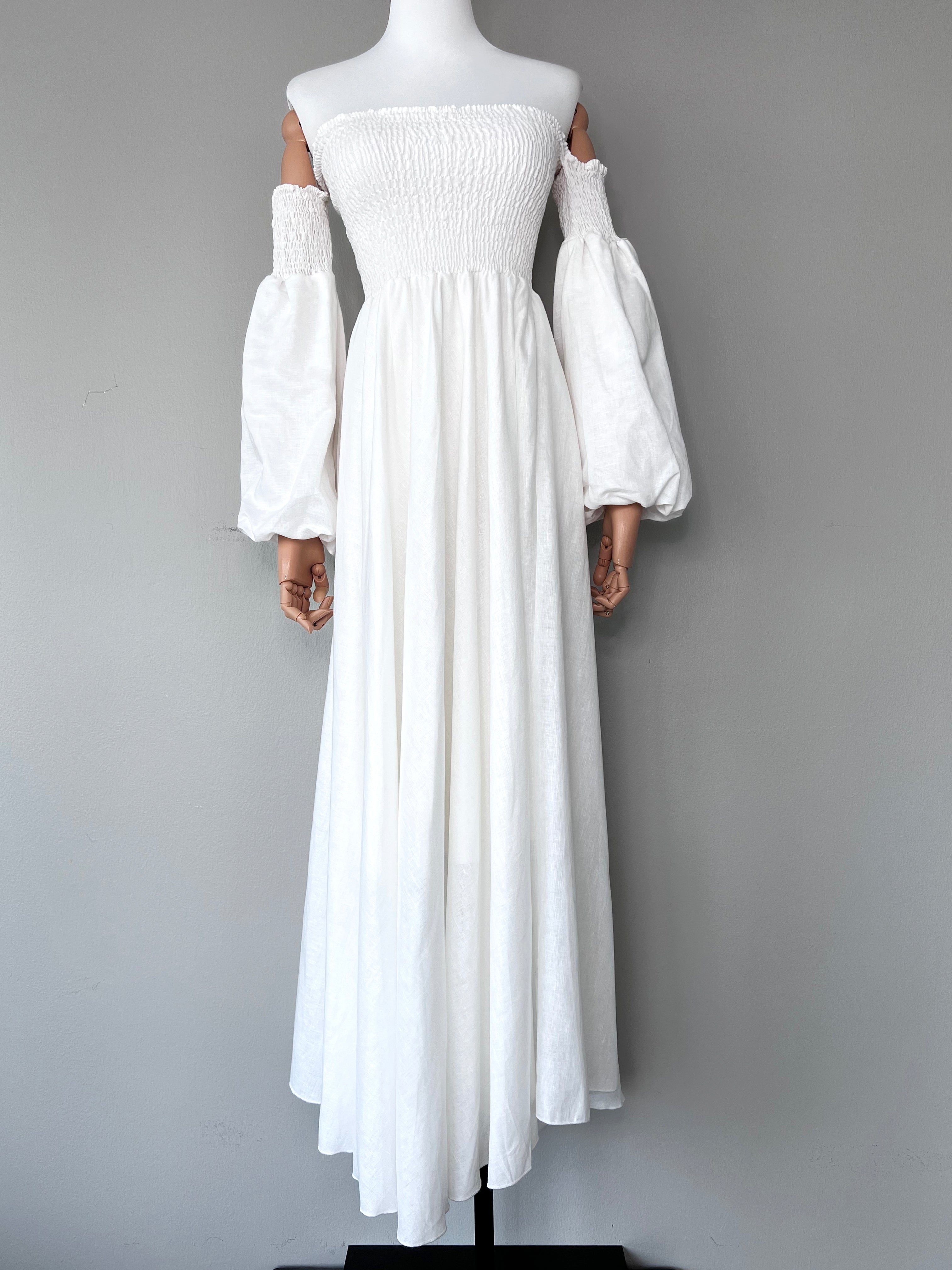 White princess gown sinched off-shoulder maxi dress - F.INSTYLE