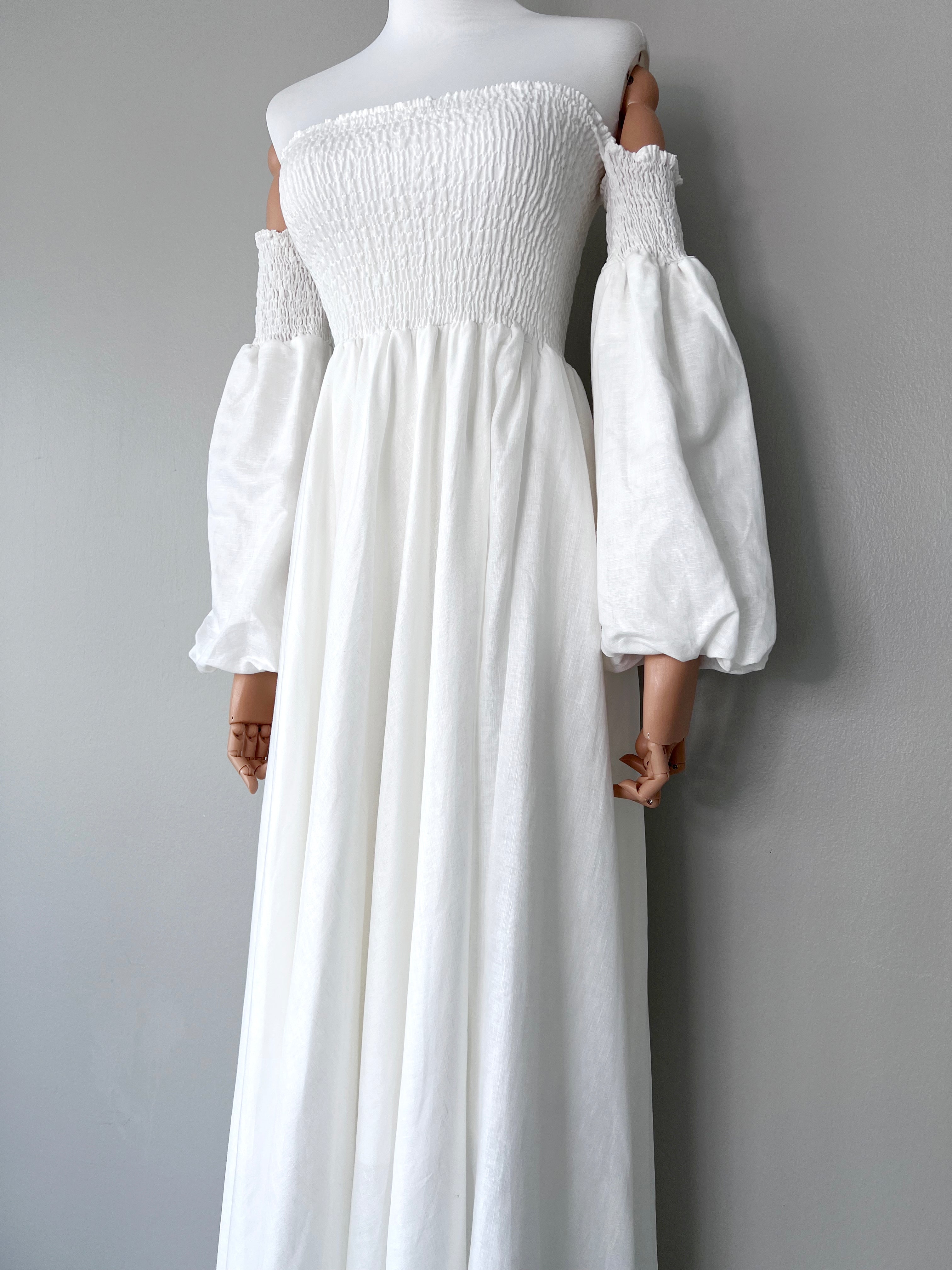 White princess gown sinched off-shoulder maxi dress - F.INSTYLE