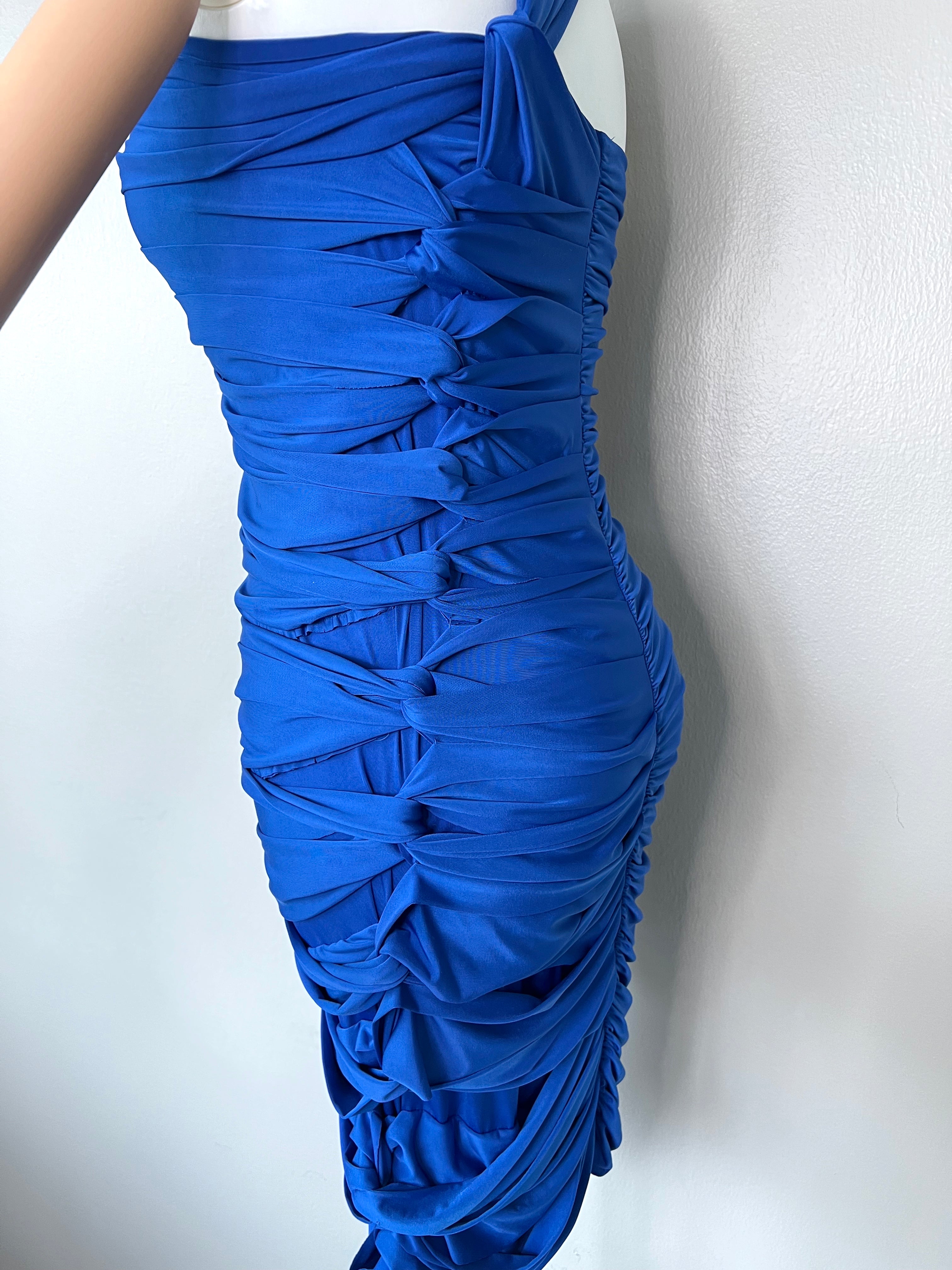 Dark blue ruffled bodycon one-strap dress - BOCHA