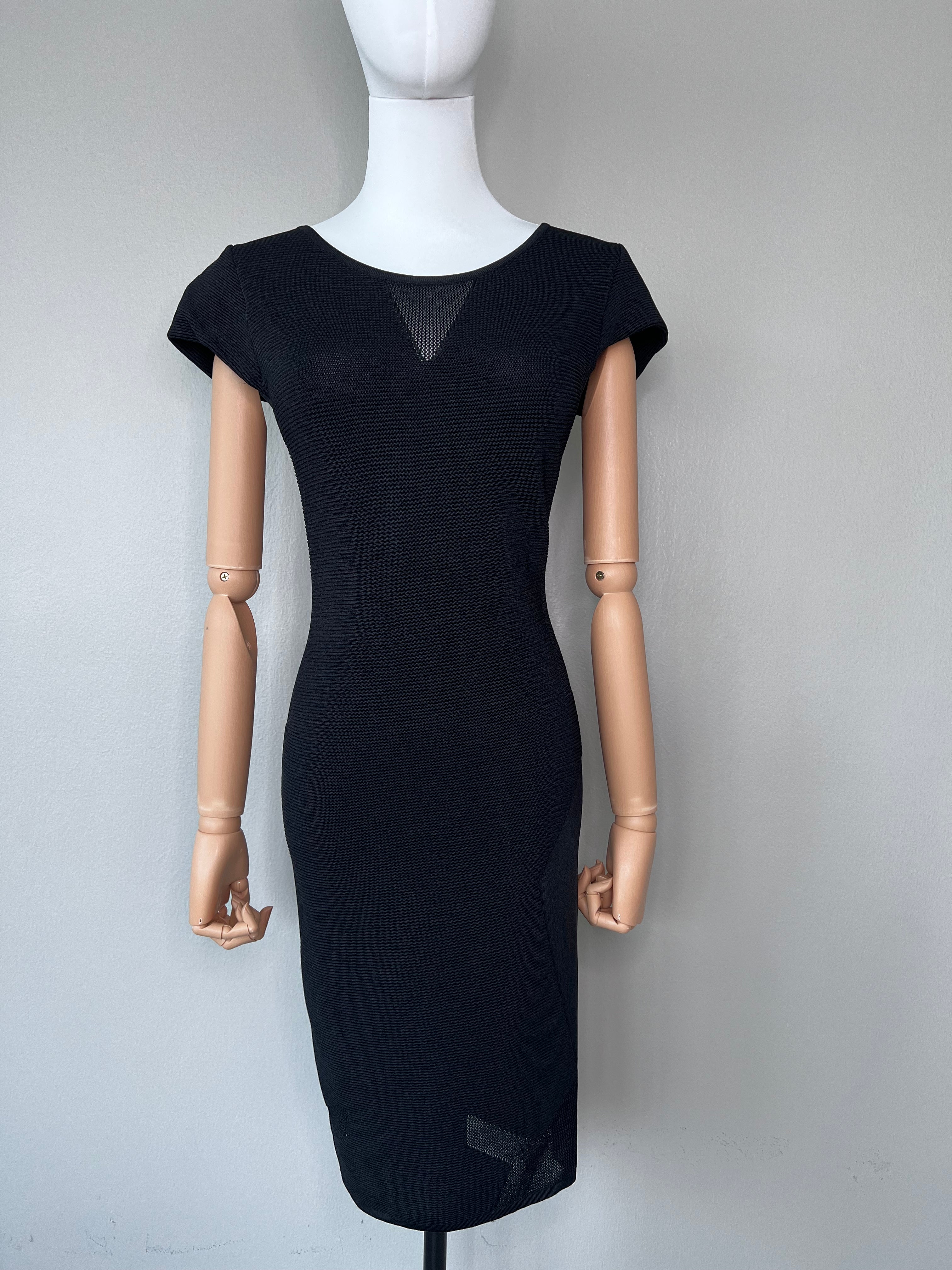 Tight black knitted dress with crew neck collar, see-through material. - MAJE