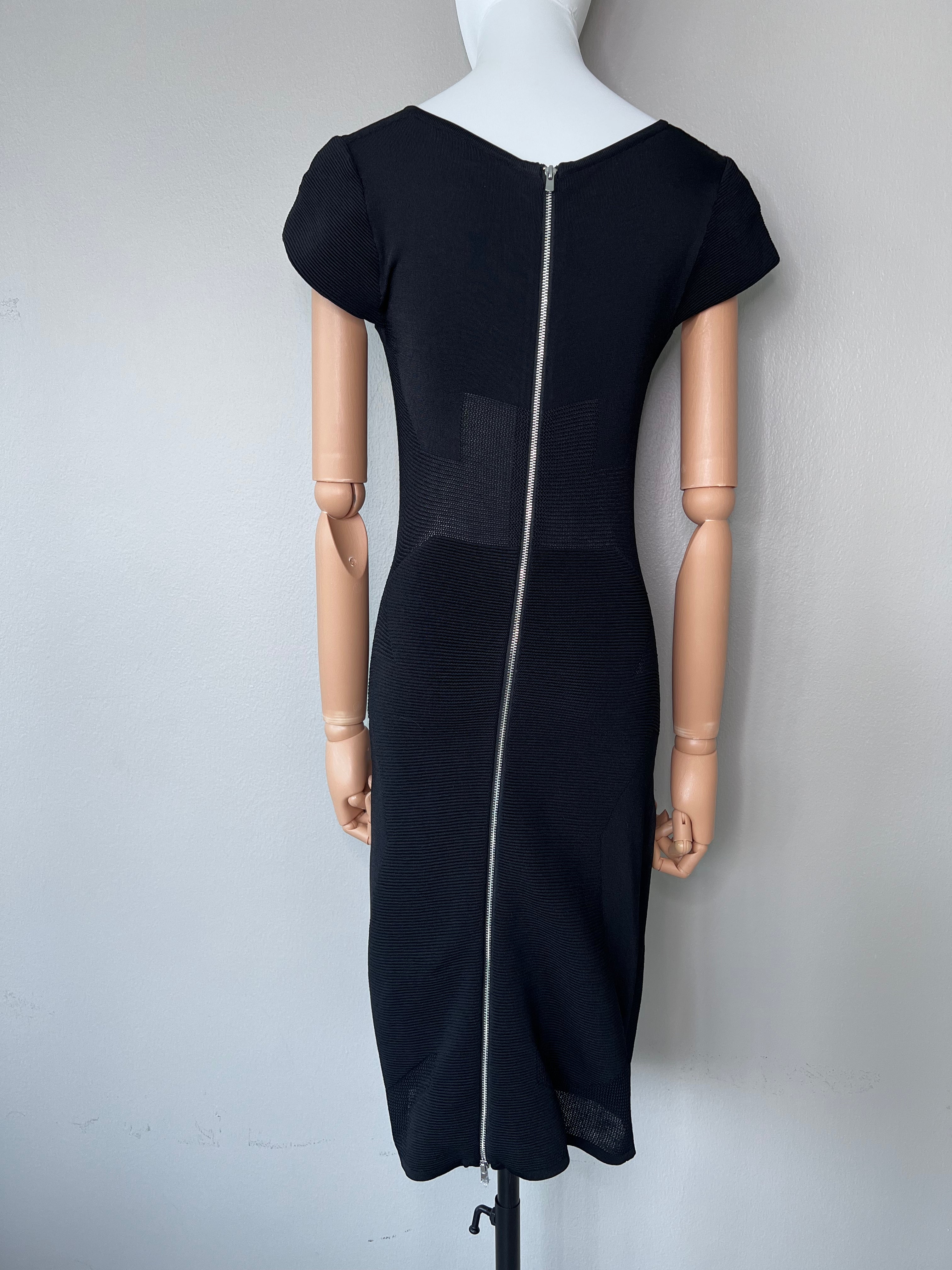 Tight black knitted dress with crew neck collar, see-through material. - MAJE