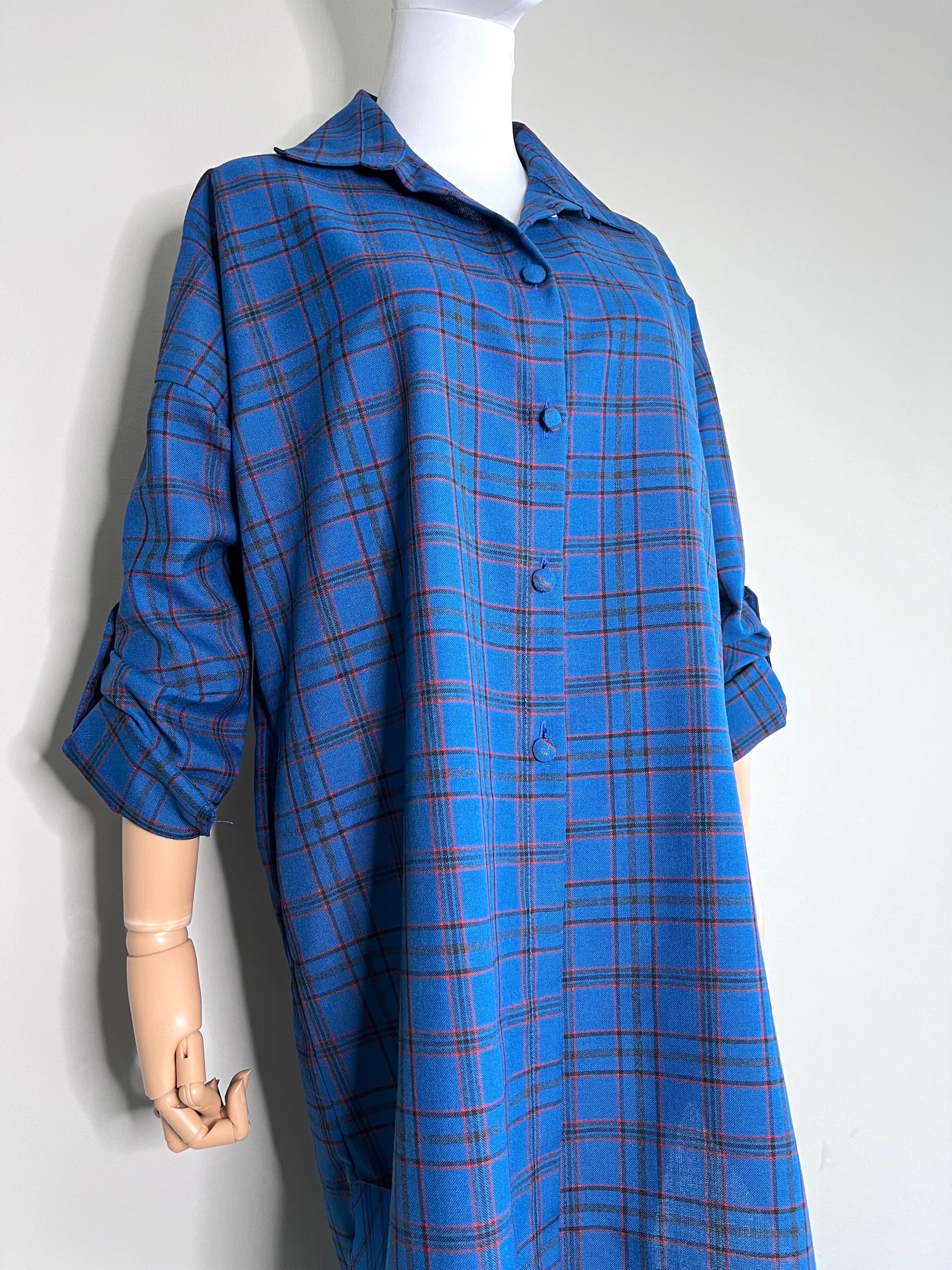 Blue checkedred print drop hem shirt dress - MIKA ESSENTIALS