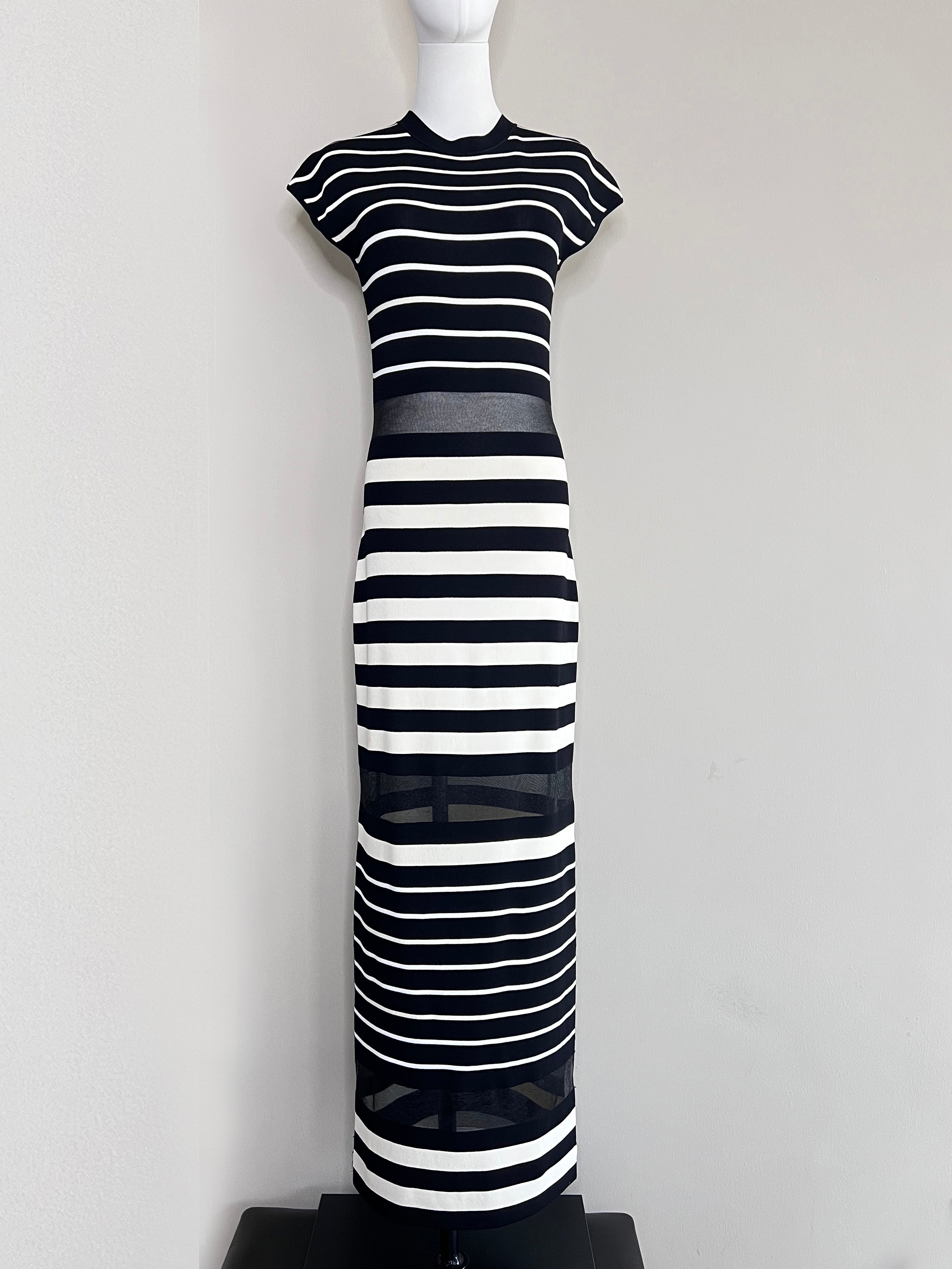 Black Striped rib knit with mesh see through long sexy dress - OFF WHITE