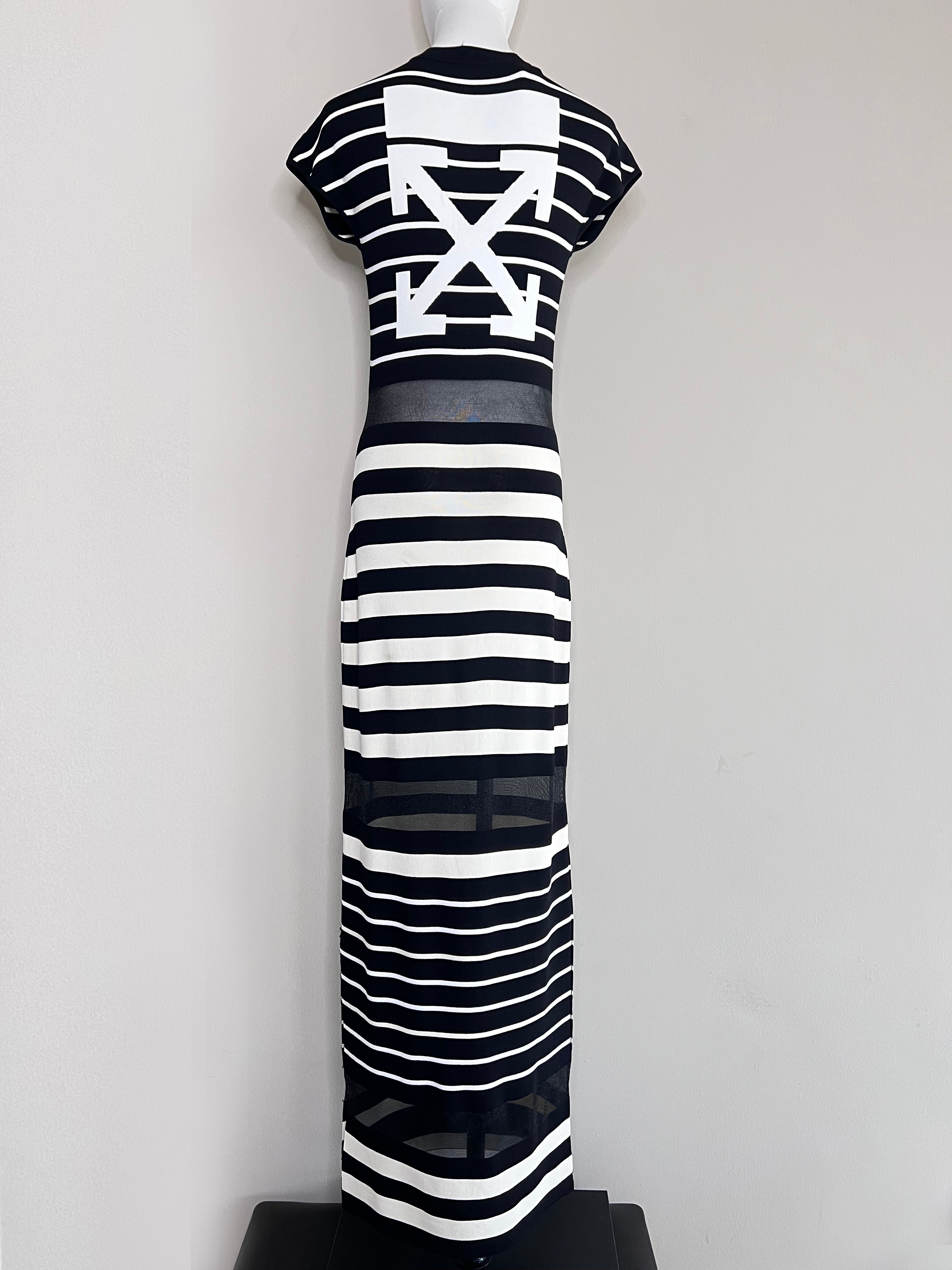 Black Striped rib knit with mesh see through long sexy dress - OFF WHITE