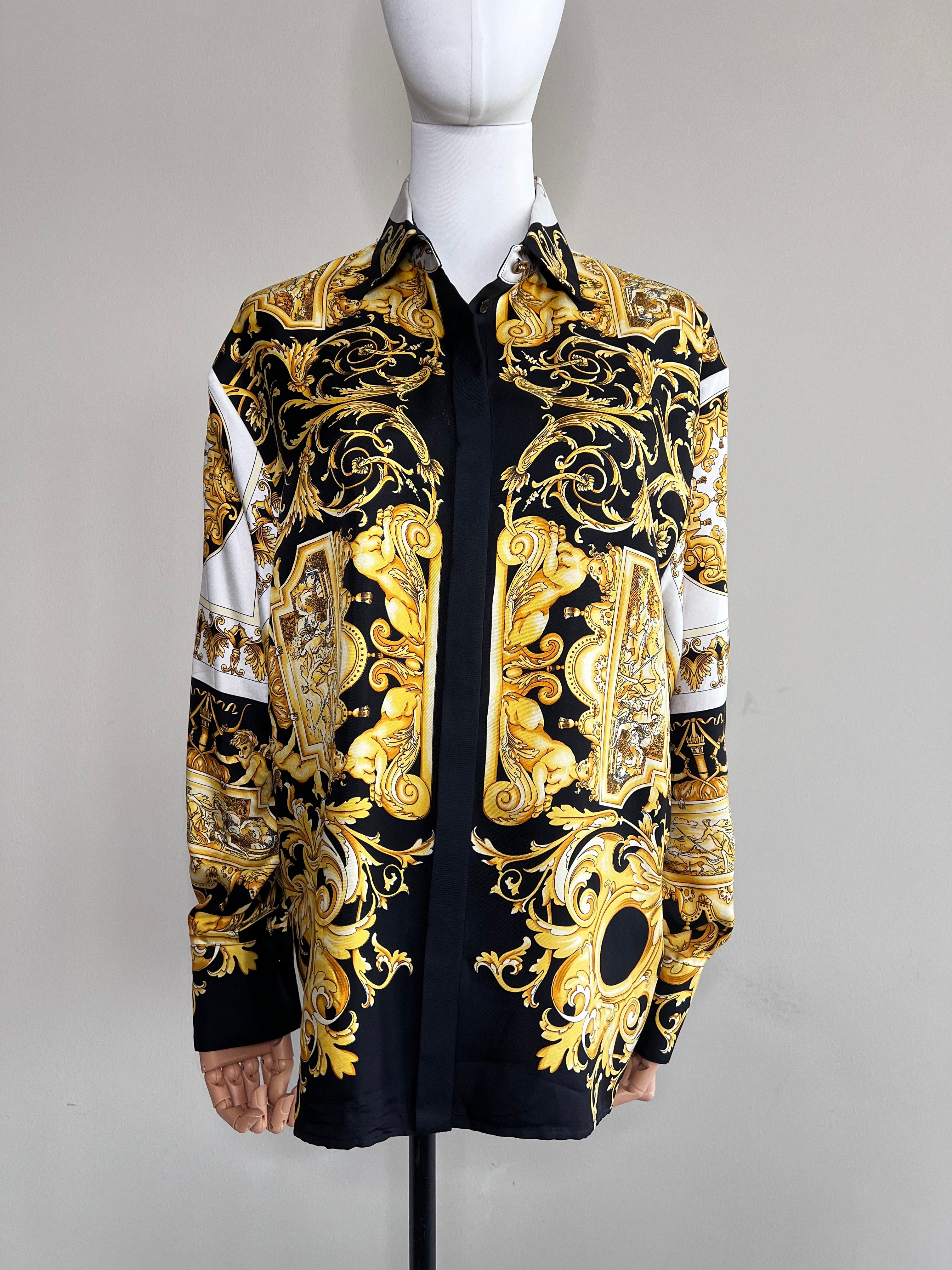 Black Gold Printed Barocco silk longsleeves Top - VERSACE
