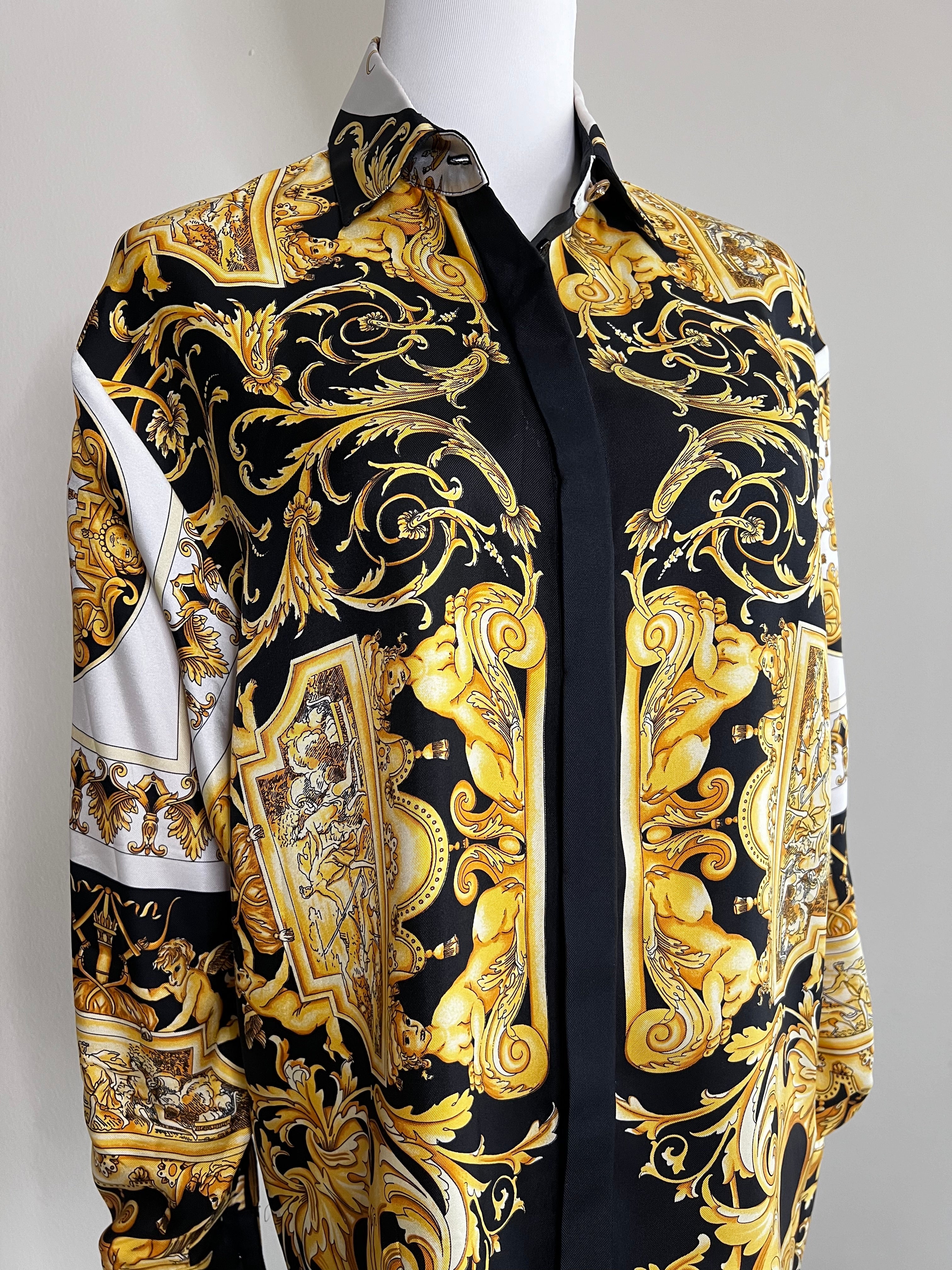 Black Gold Printed Barocco silk longsleeves Top - VERSACE