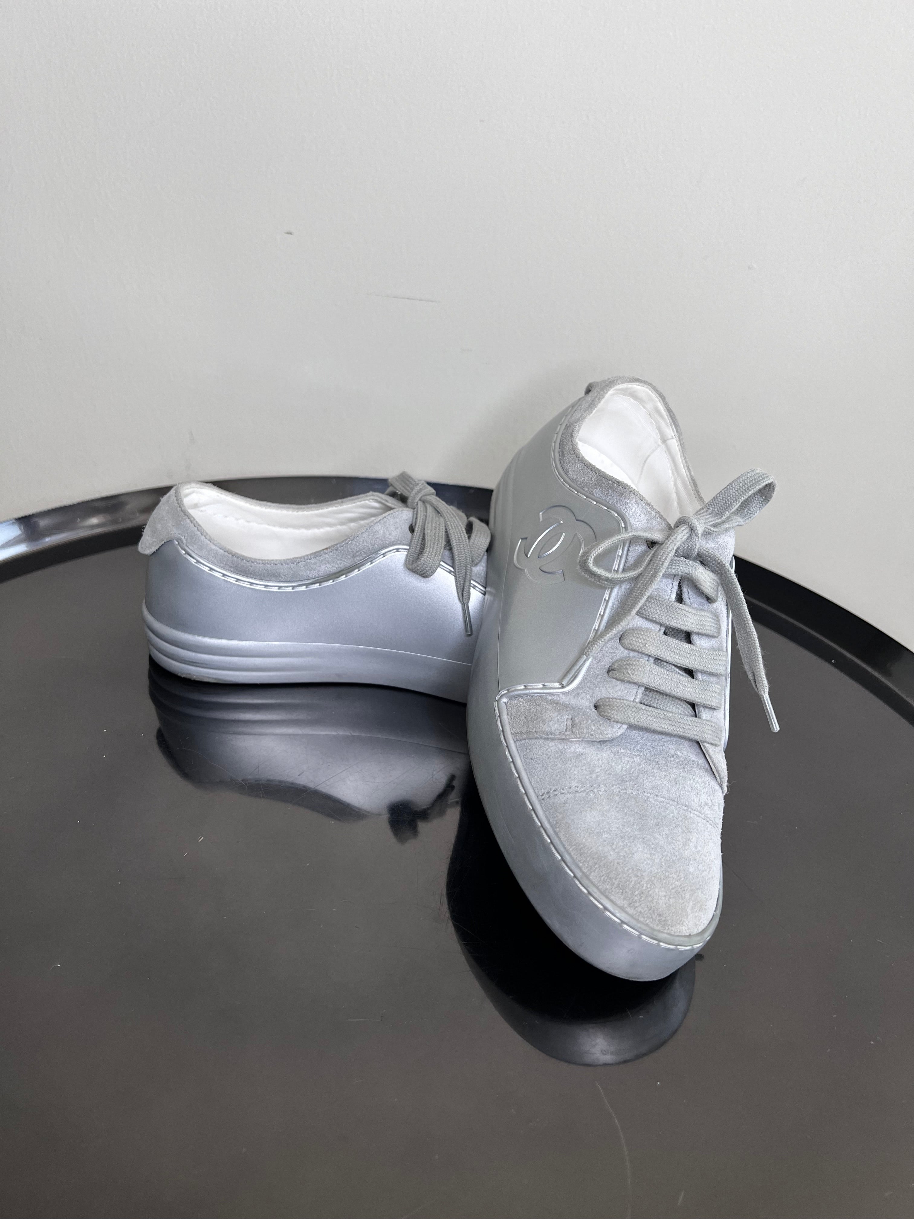 Grey Silver Suede Rubber CC Cap toe Sneakers - CHANEL