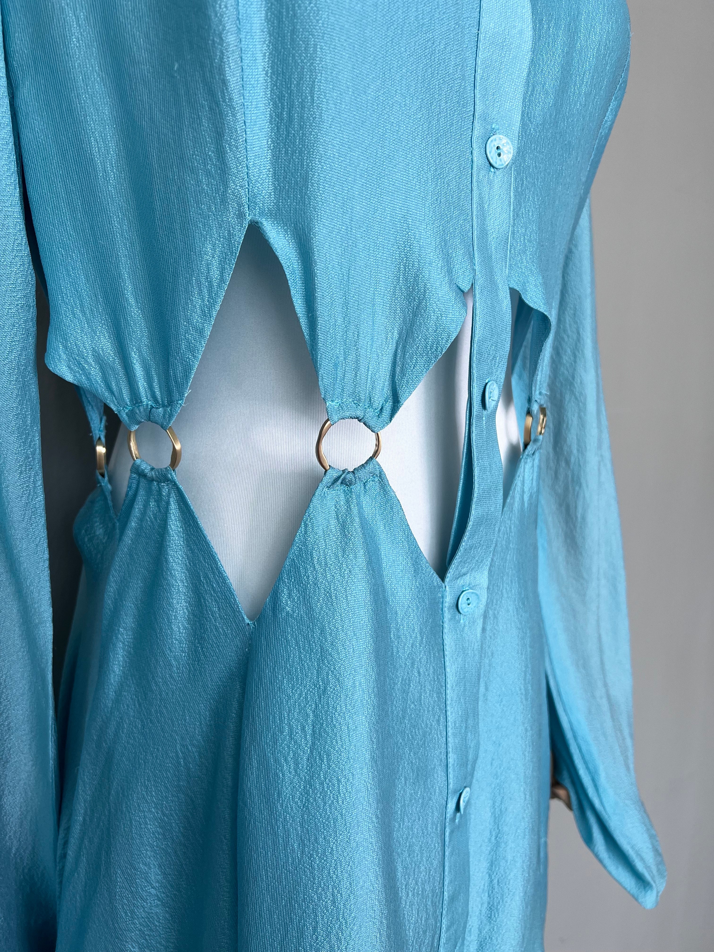 Blue button-up flowy dress with gold holes across waistline - CULT GAIA