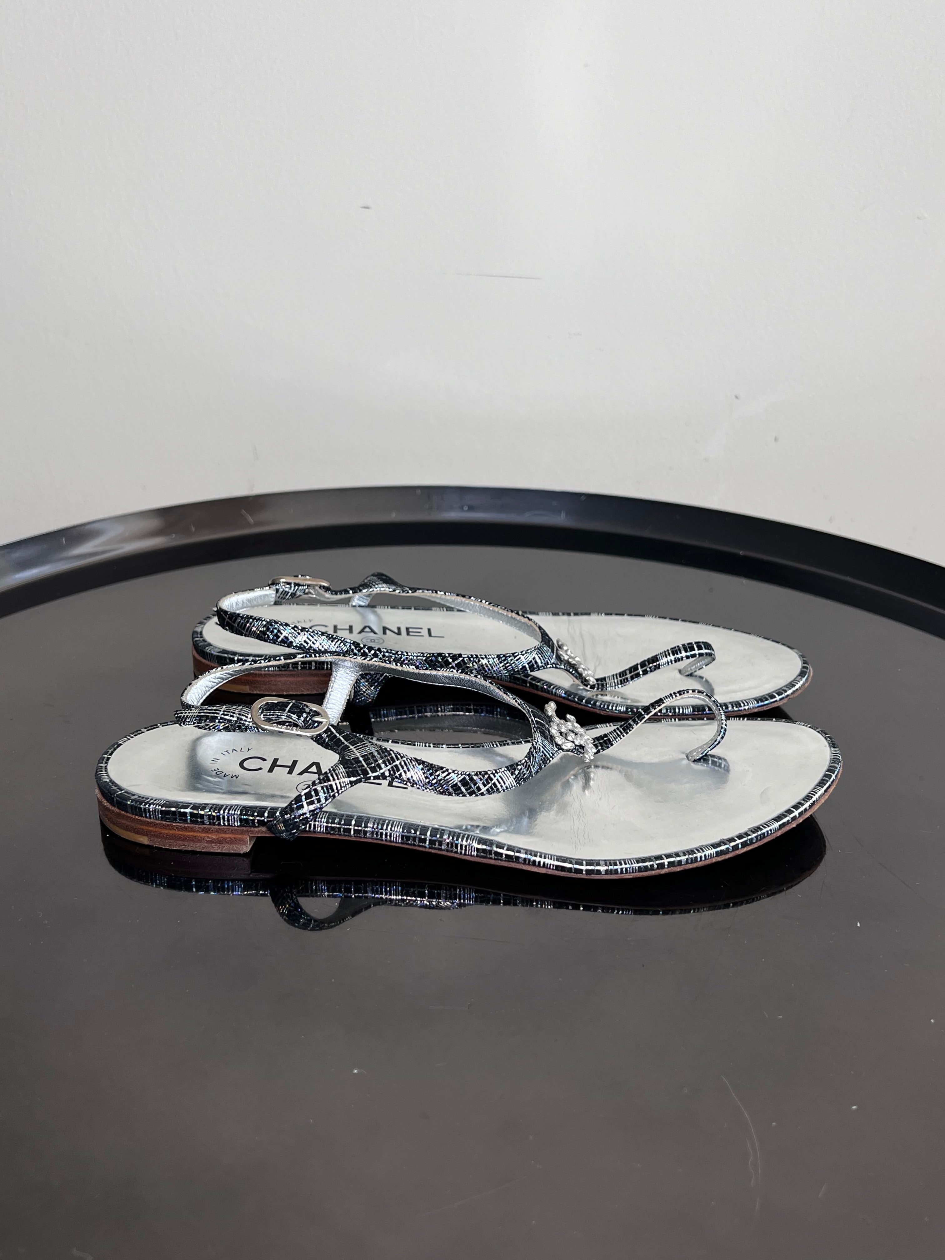 Black Metallic Suede Crystal CC Thong Sandals - CHANEL