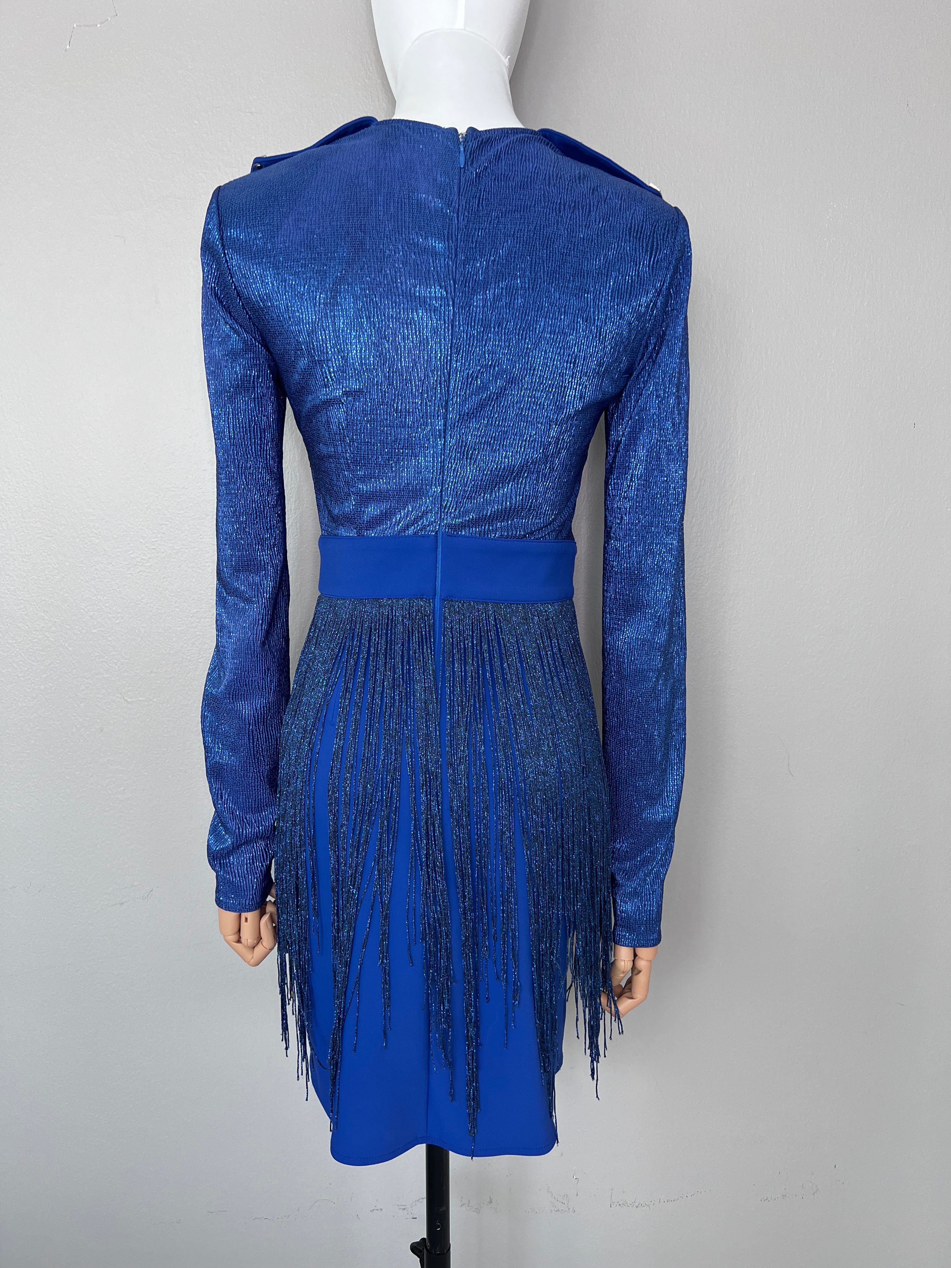 Blue Fringed ponte mesh details dress
