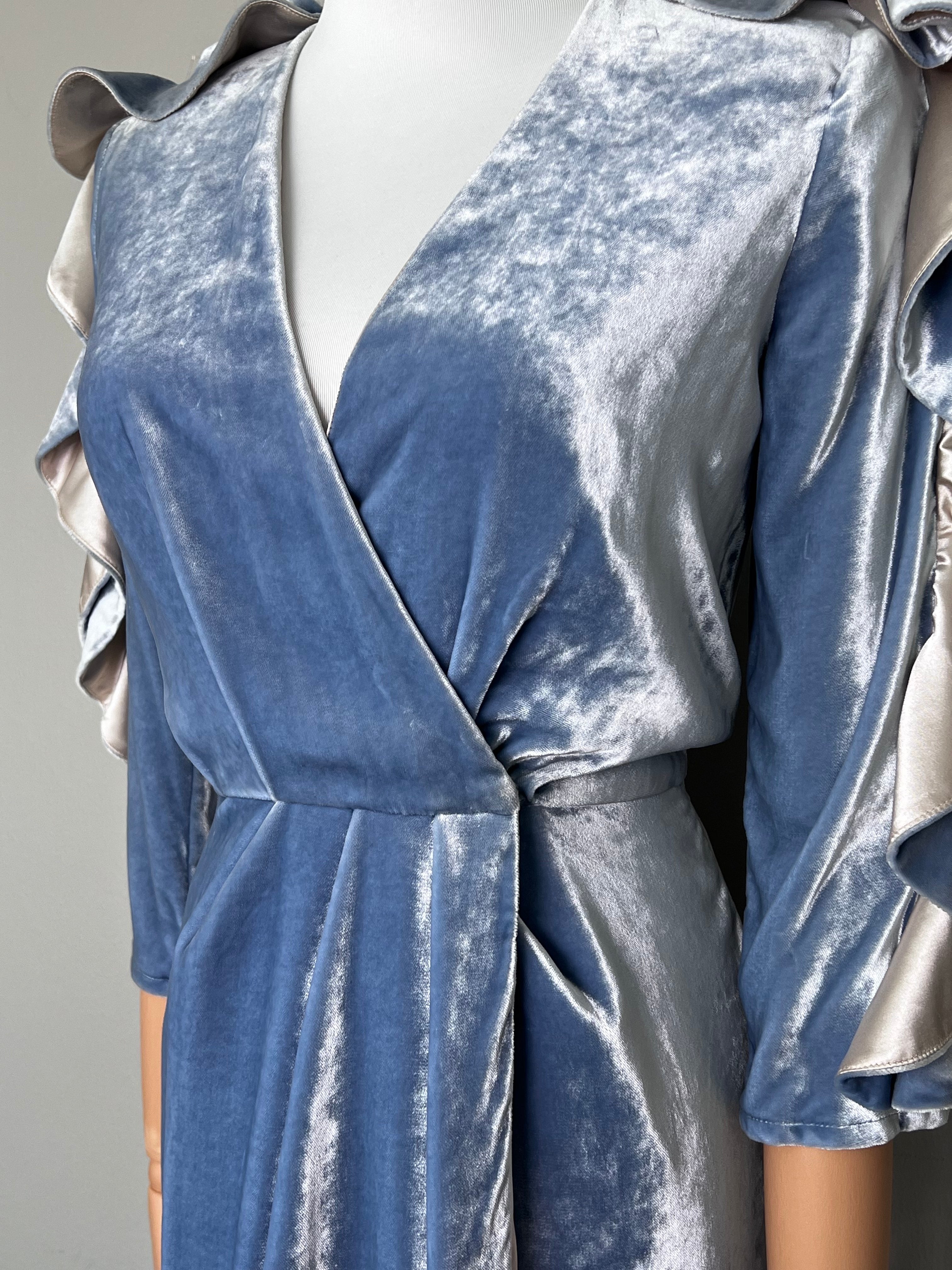 Smoke blue velvet eye-cacthing ruffled dress - ELISABETTA FRANCHI