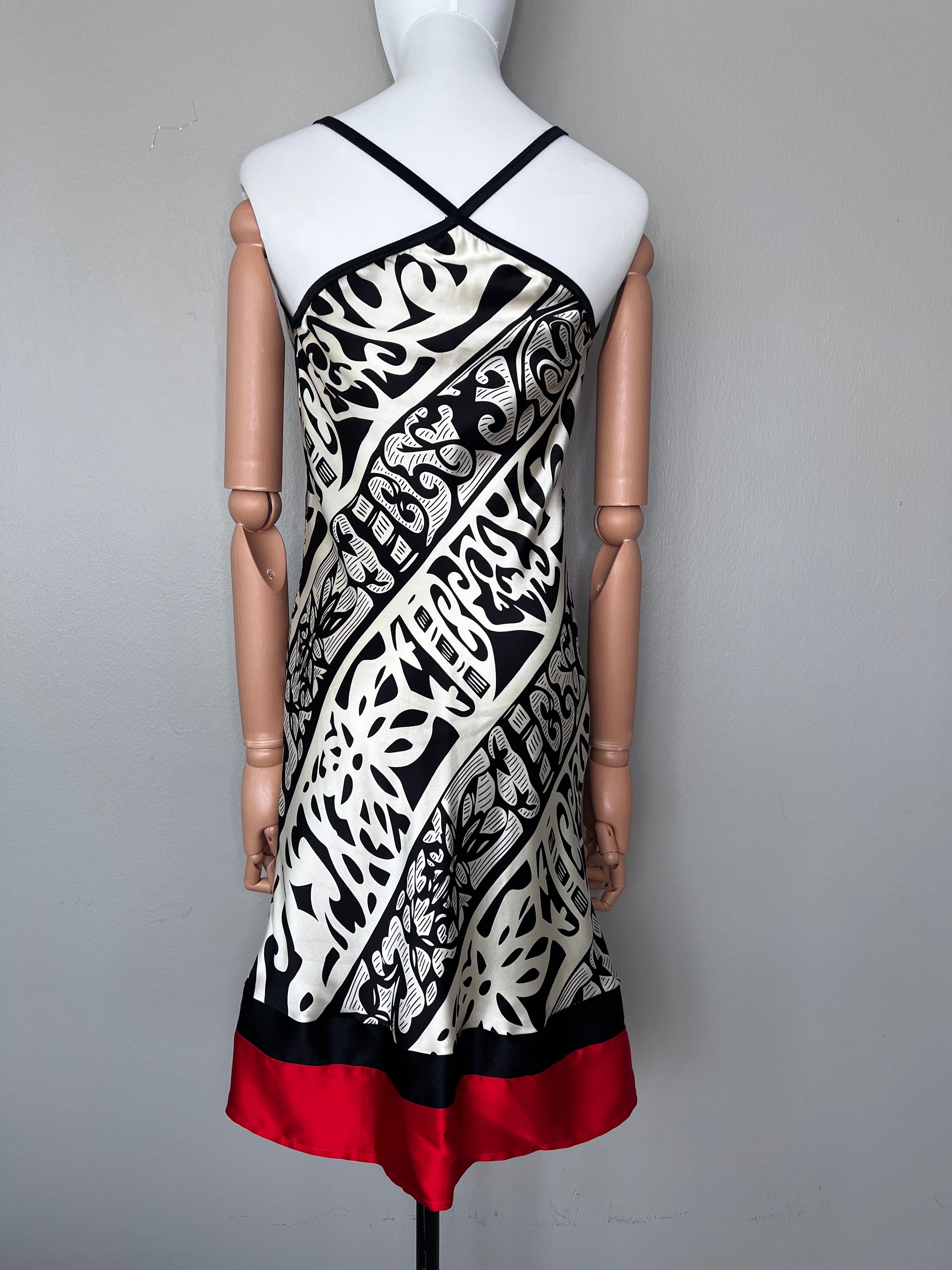 B&W pattern design with red accents silk slip on dress - BEDO