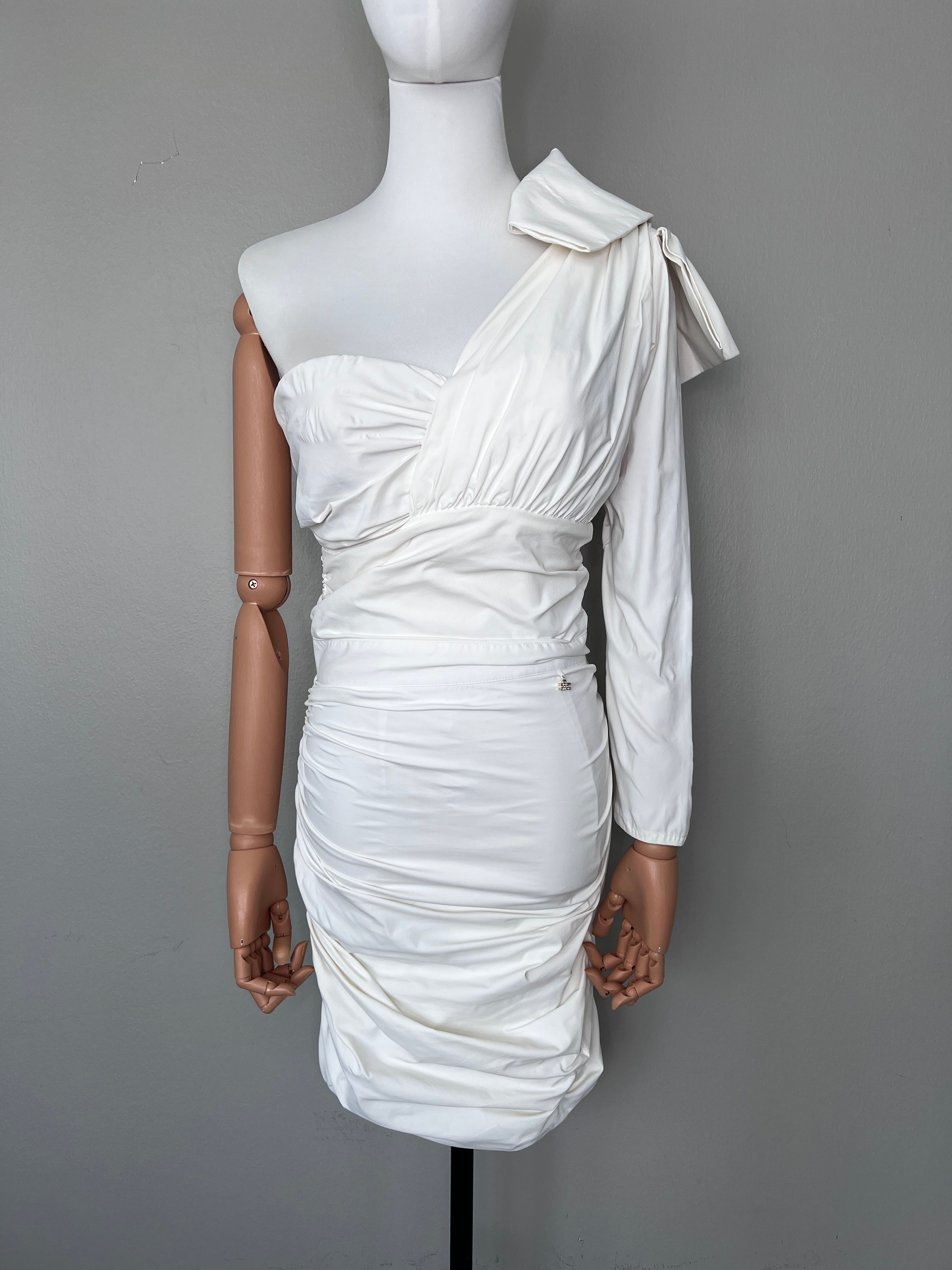 White pearl ruffled bodycon with bow-tie mini dress - ELISABETTA FRANC