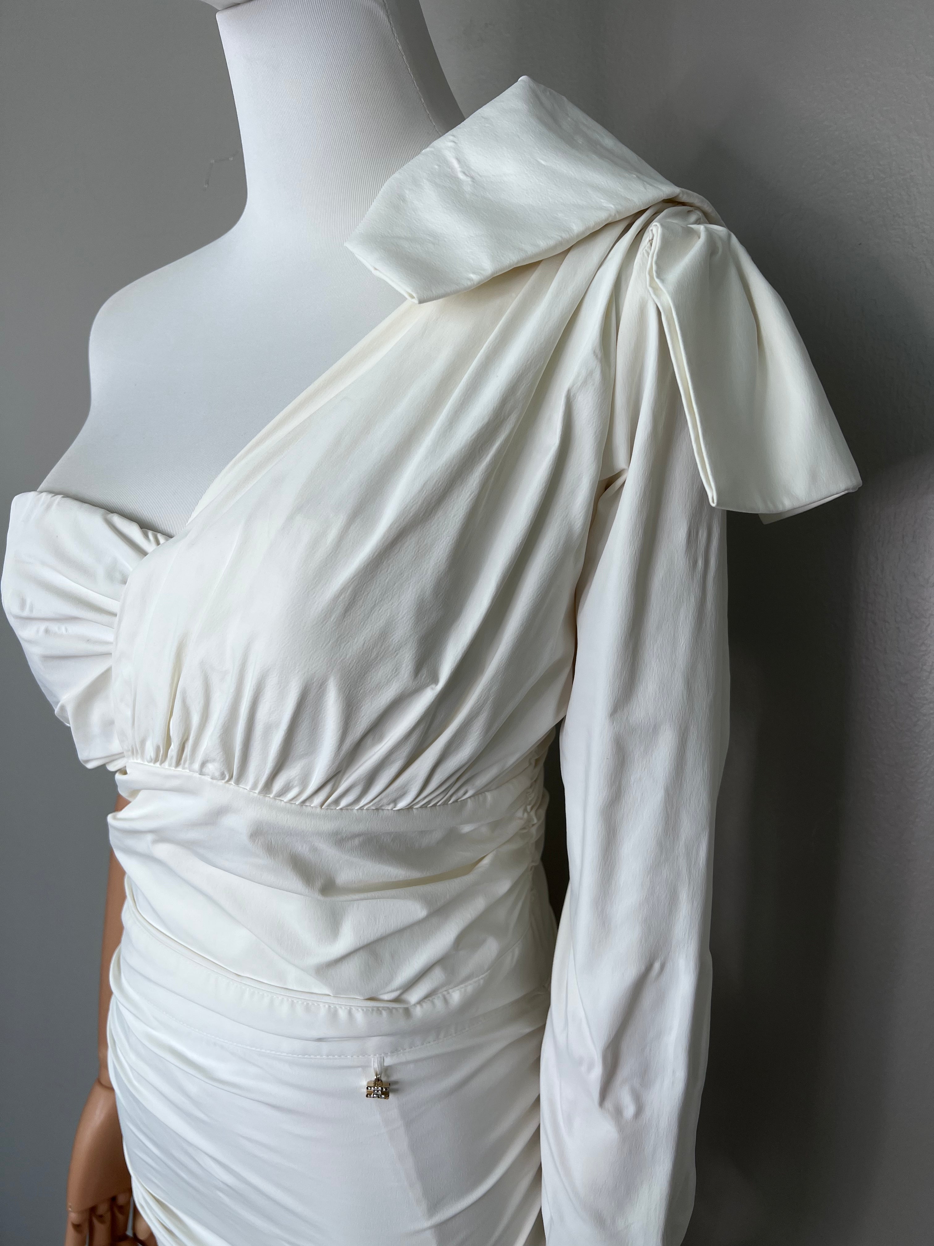 White pearl ruffled bodycon with bow-tie mini dress - ELISABETTA FRANCHI