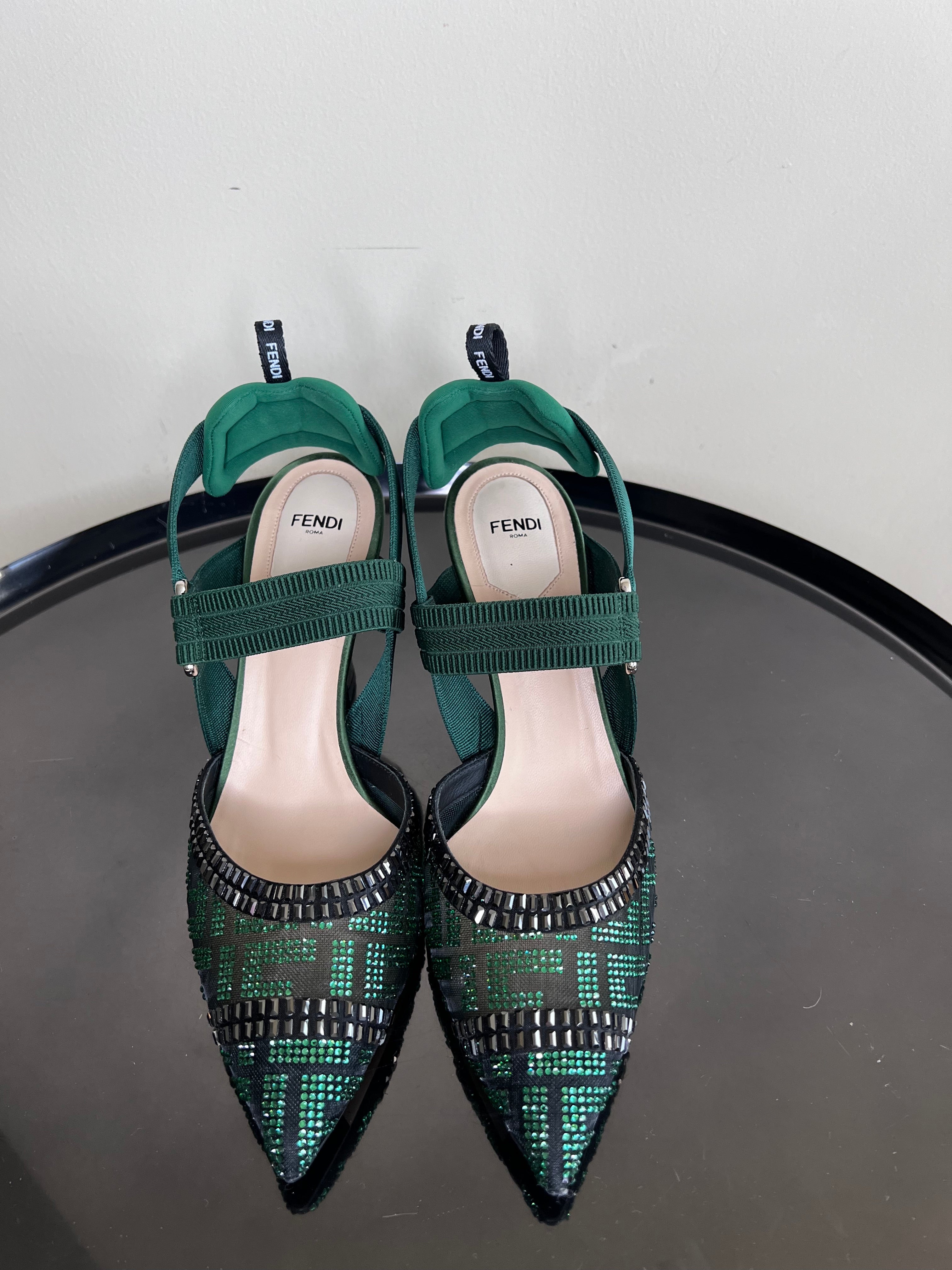 Green Embellished Mesh And Nylon Colibri Slingback Heels - FENDI