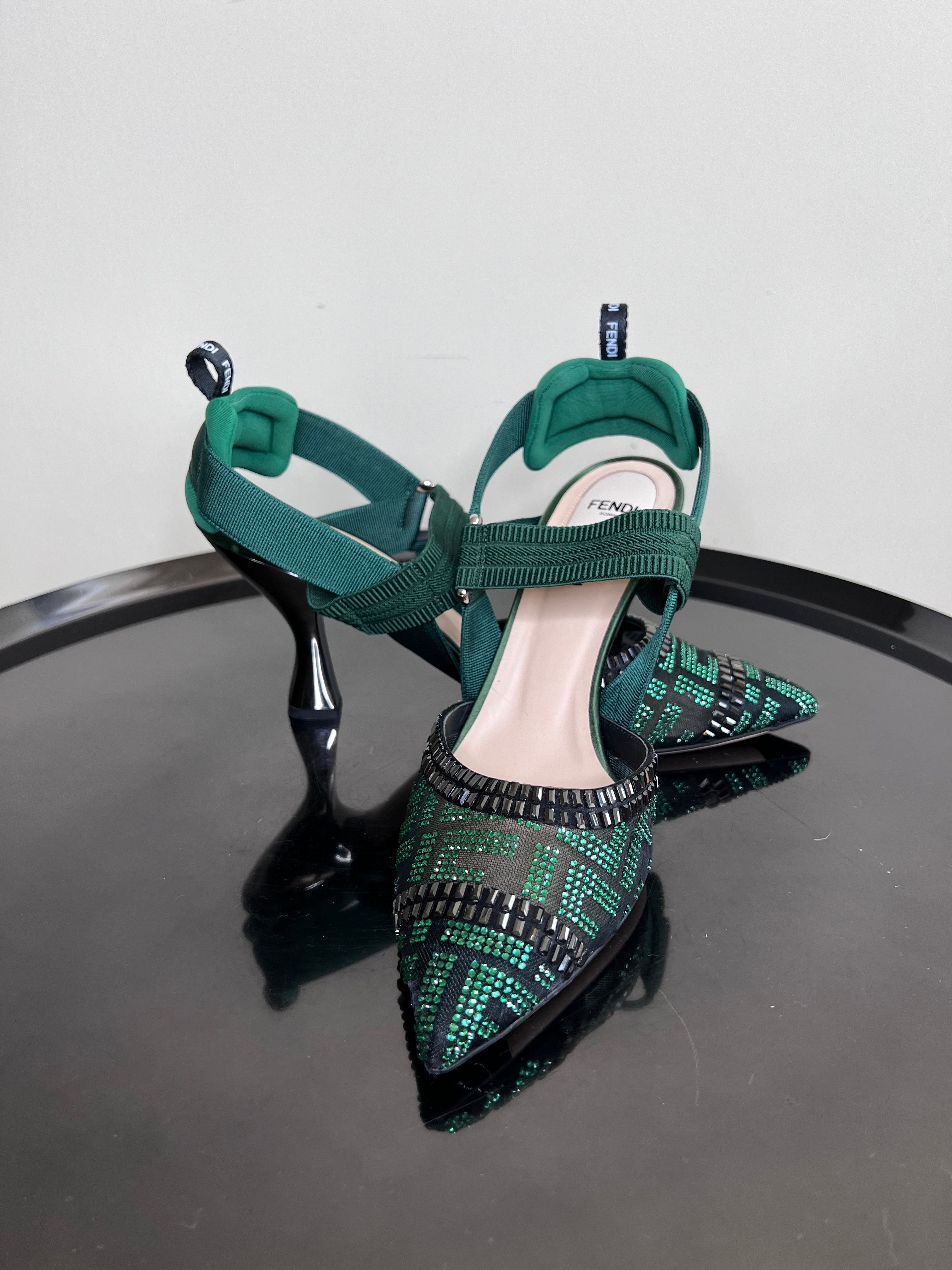 Green Embellished Mesh And Nylon Colibri Slingback Heels - FENDI