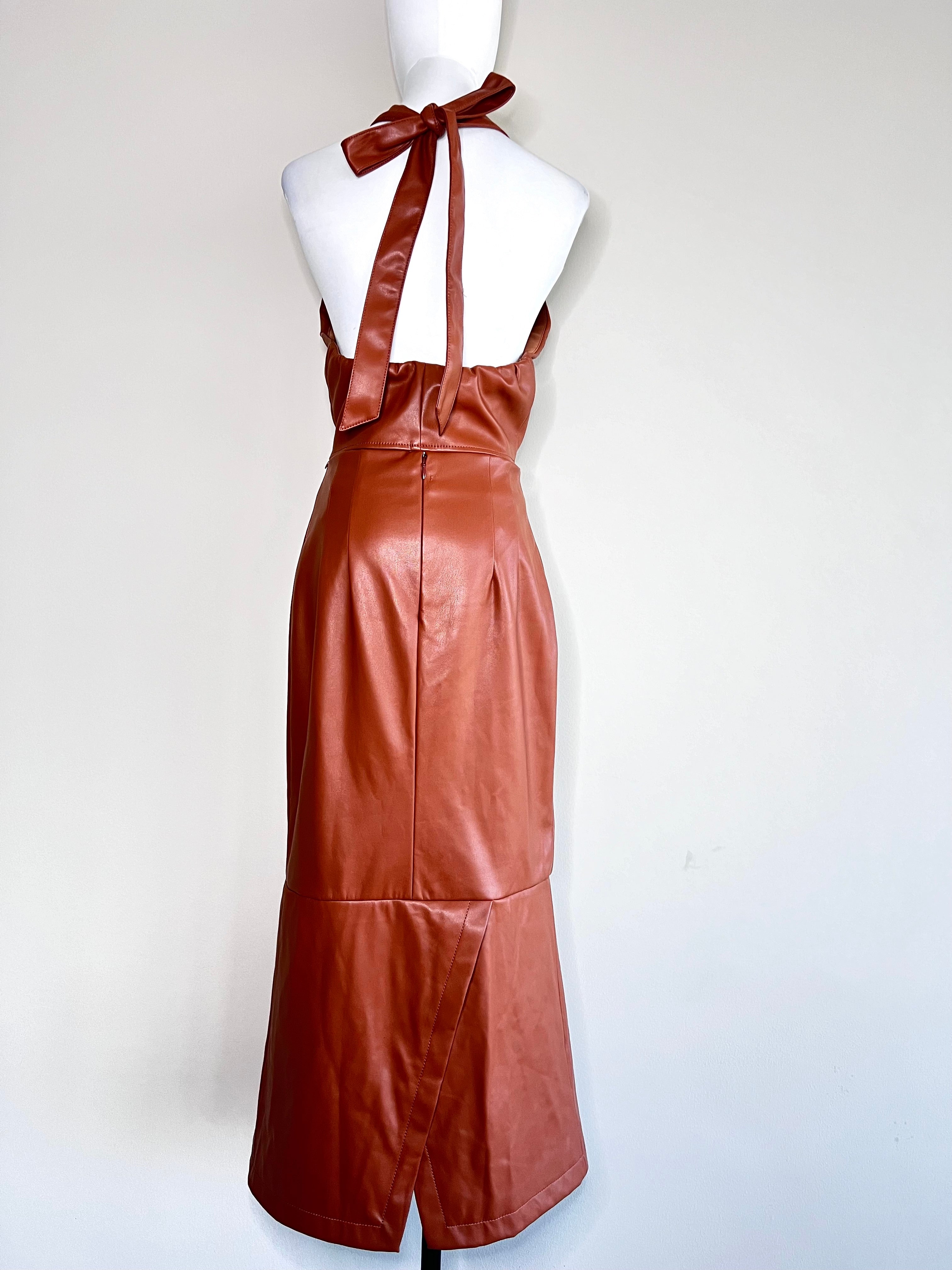 Brown Laurel Faux Leather V neck tank top & Pleated Skirt - STAUD