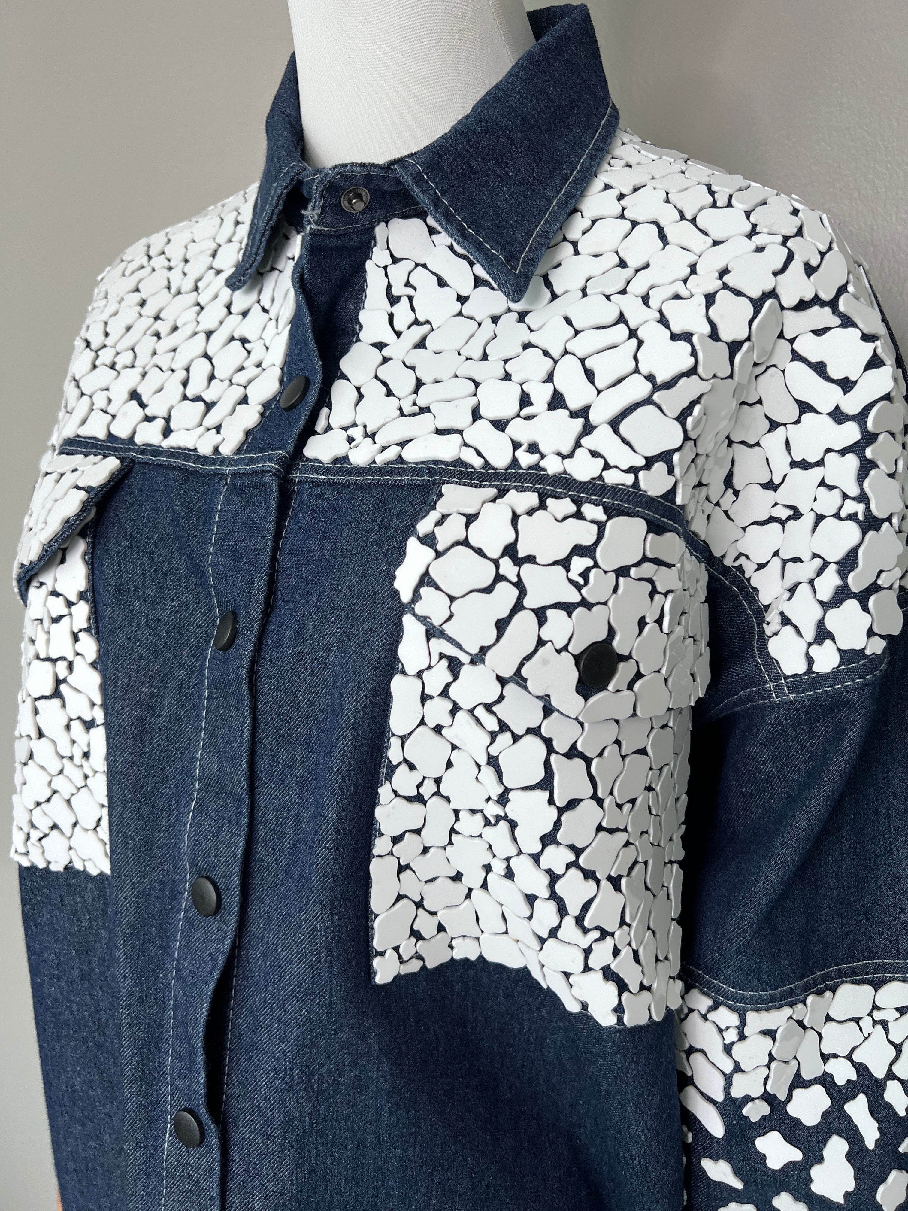 Blue unique white pebble stones design on long jean jacket - ATELIER ZUHRA