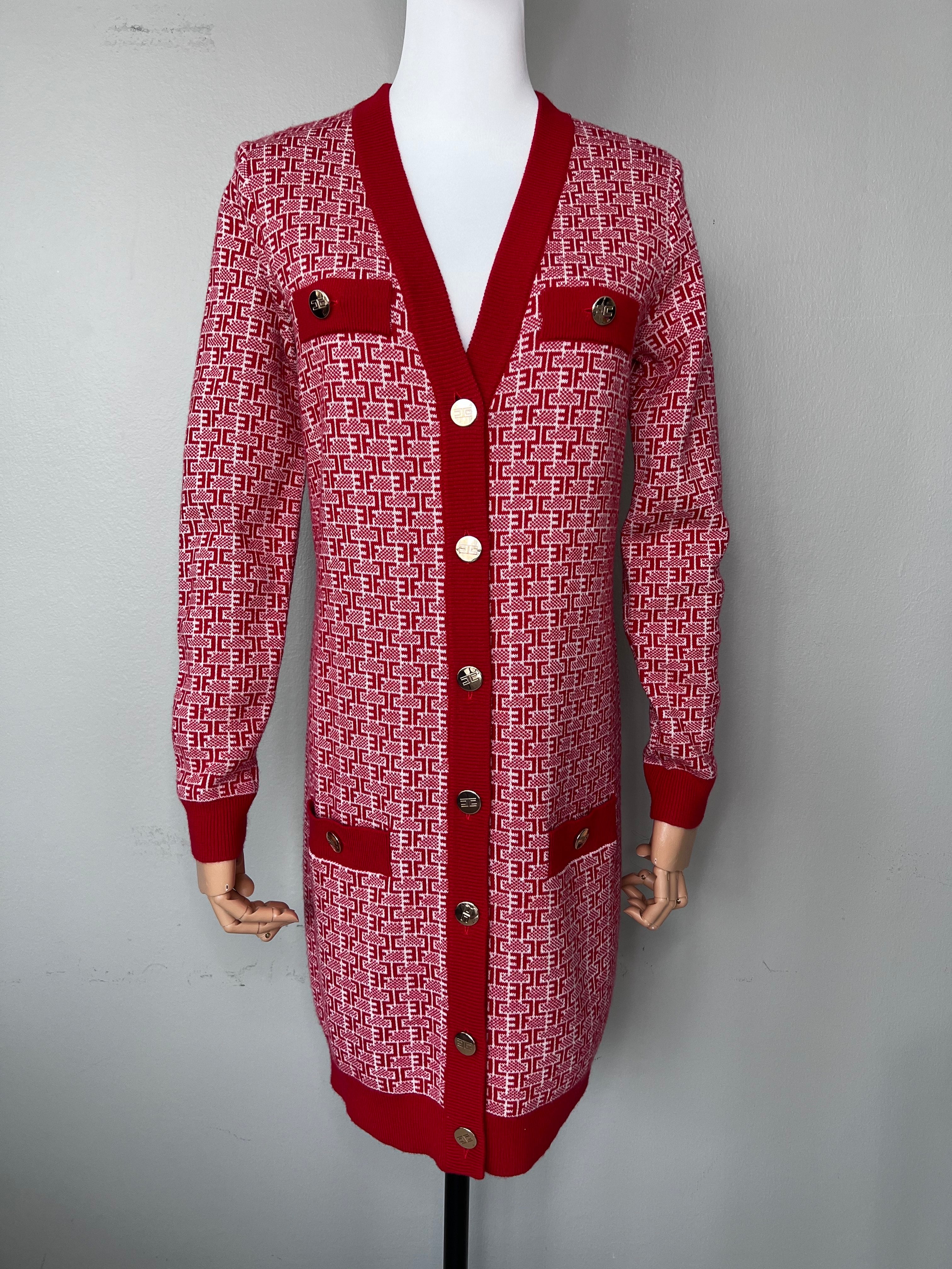 Red & white knitted long cardigan with gold buttons - ELISABETTA FRANCHI