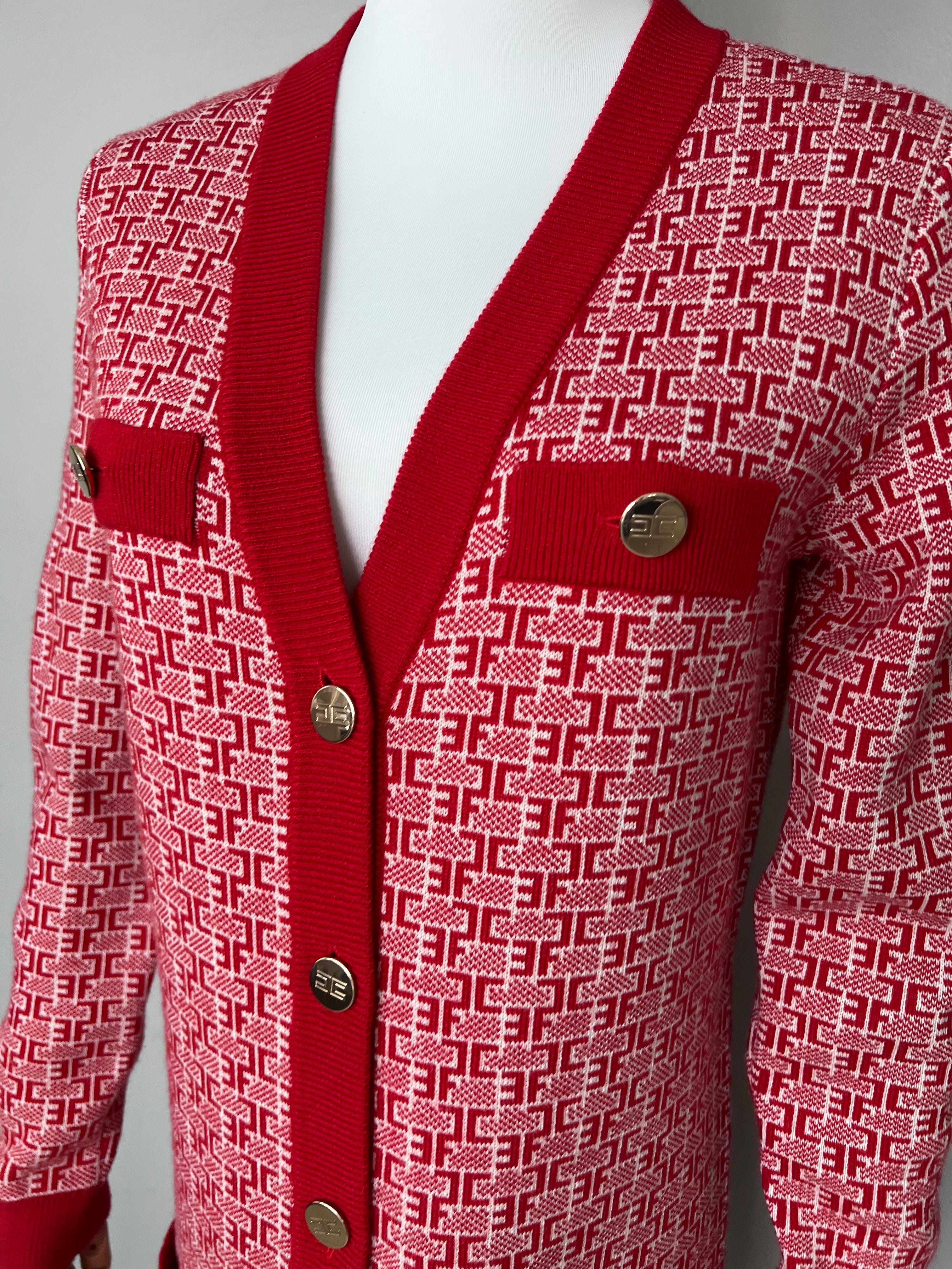 Red & white knitted long cardigan with gold buttons - ELISABETTA FRANCHI