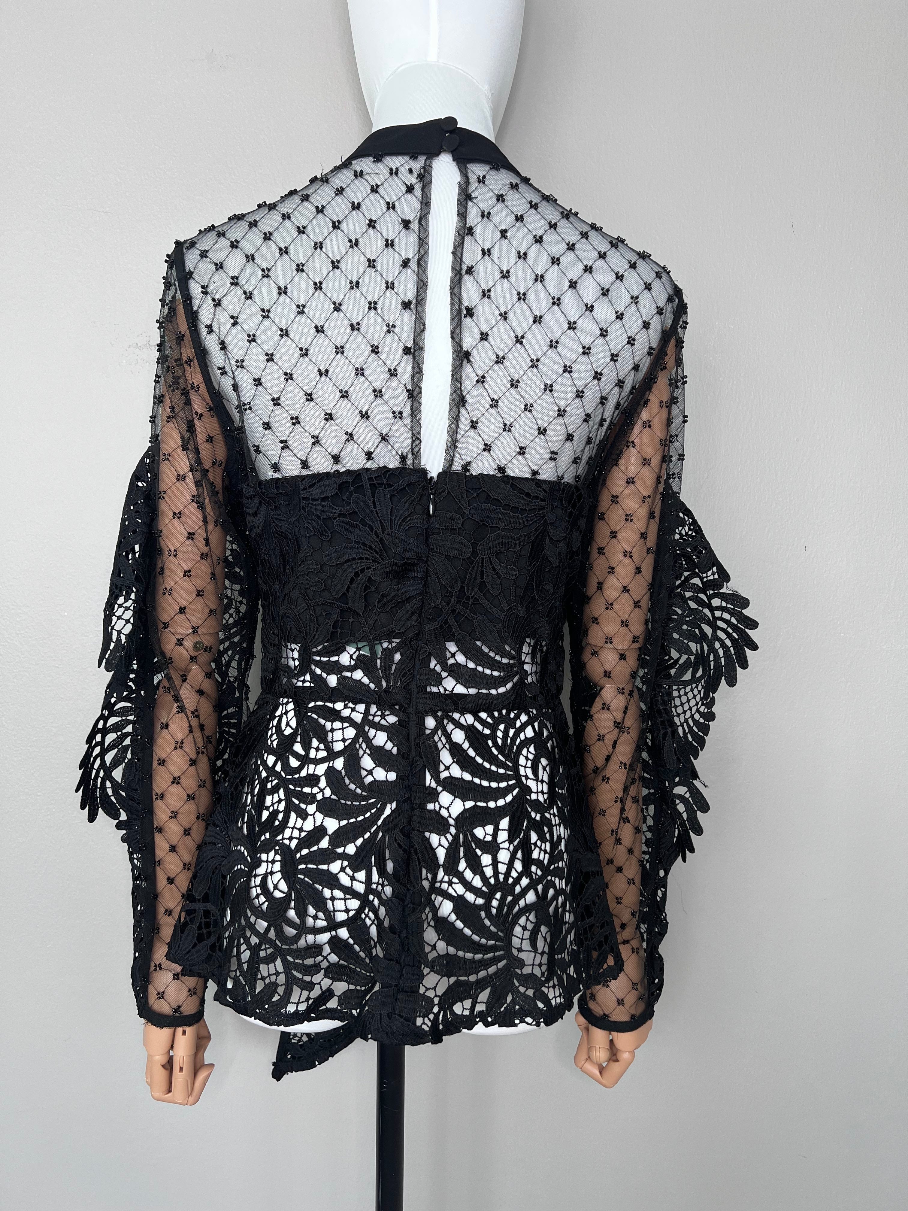 Black mesh chic hole design long sleeve a symmetrical top - SELF-PORTRAIT