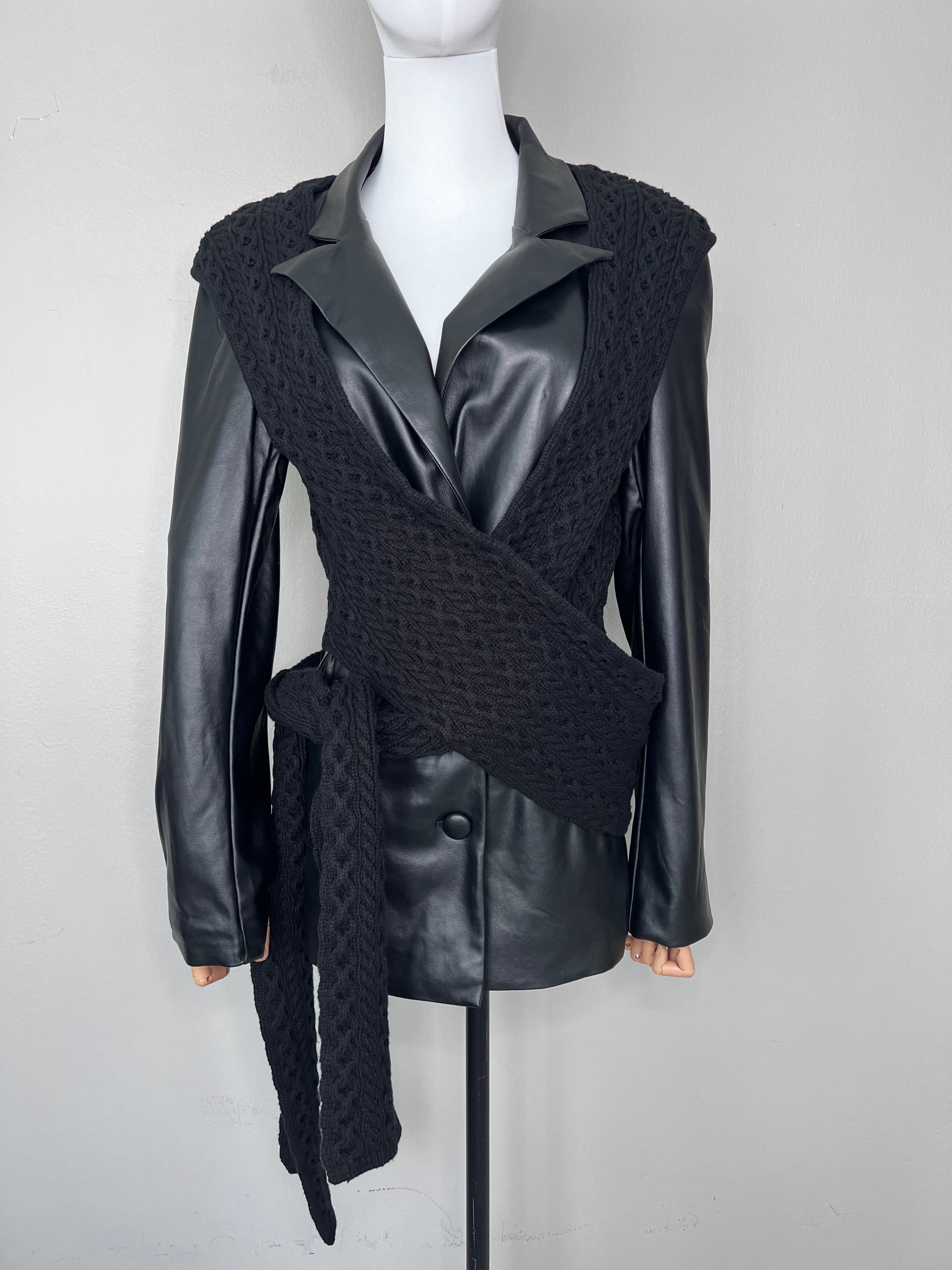 BRAND NEW!Black leather jacket with knitted sweater scarf - MAYKA