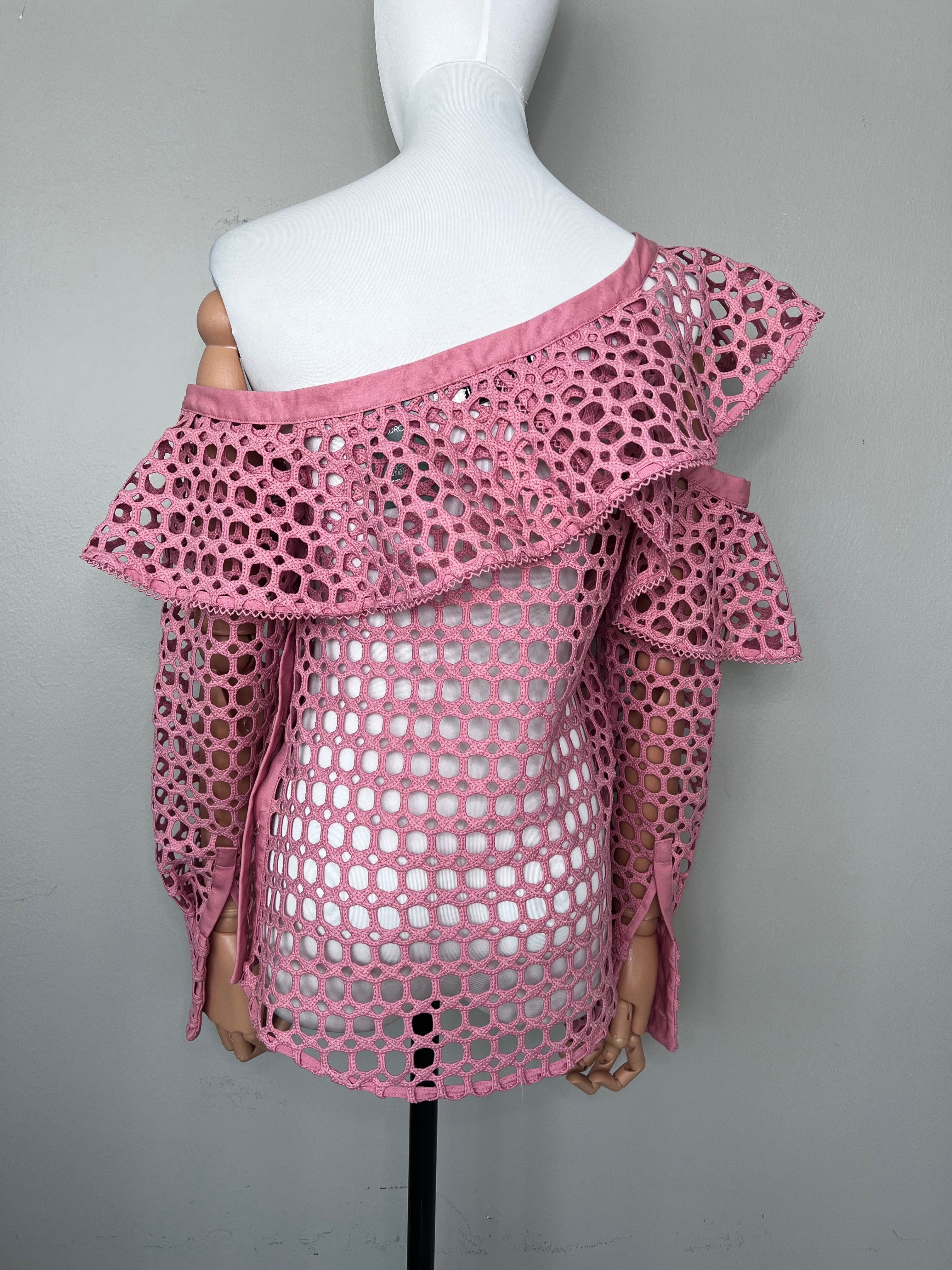 Pink off-shoulder layered see-through holes design top - SELF-PORTRAIT