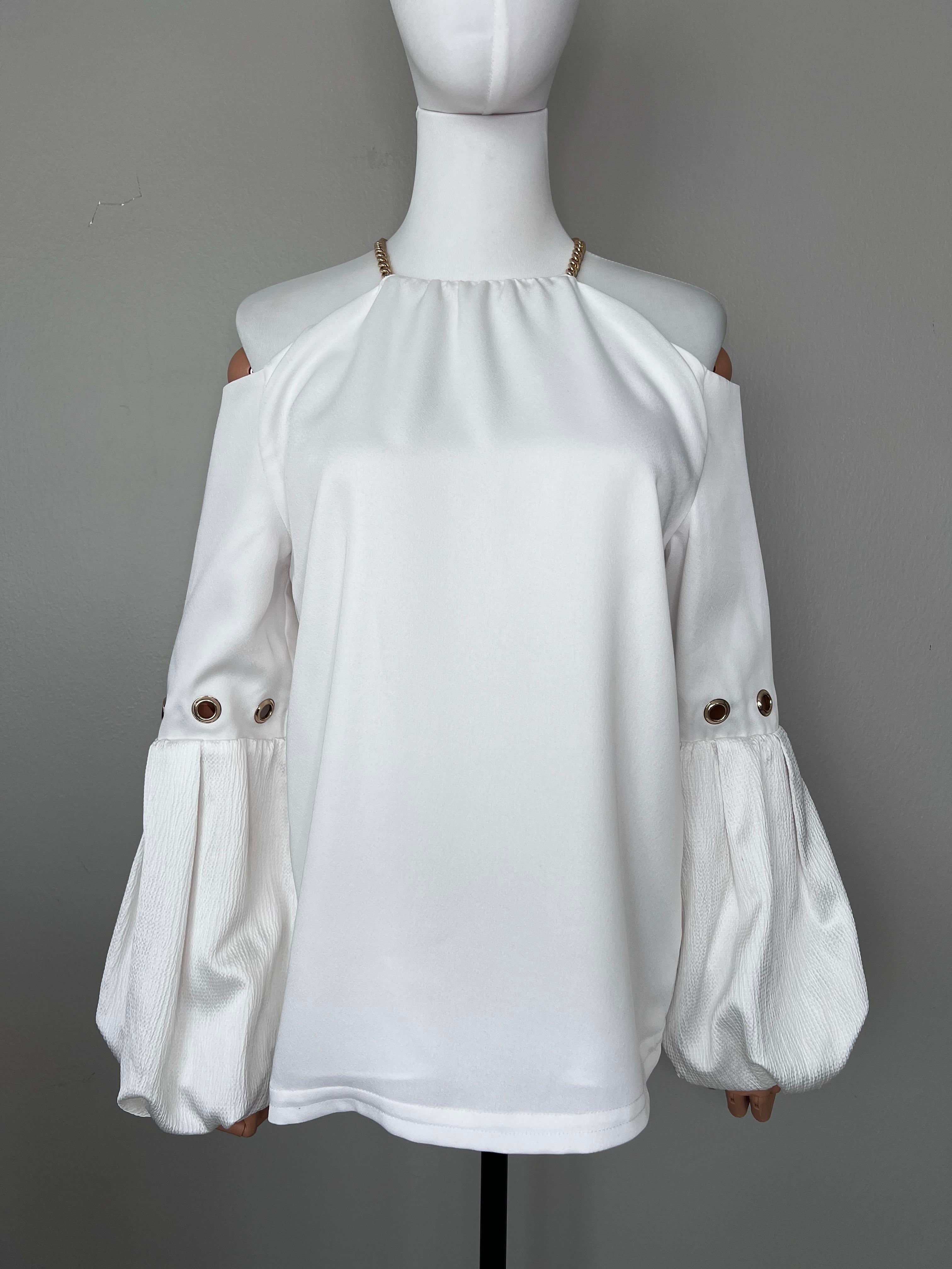 White off-shoulder top with gold chain strap and overflow sleeves with design - SELF-PORTRAIT