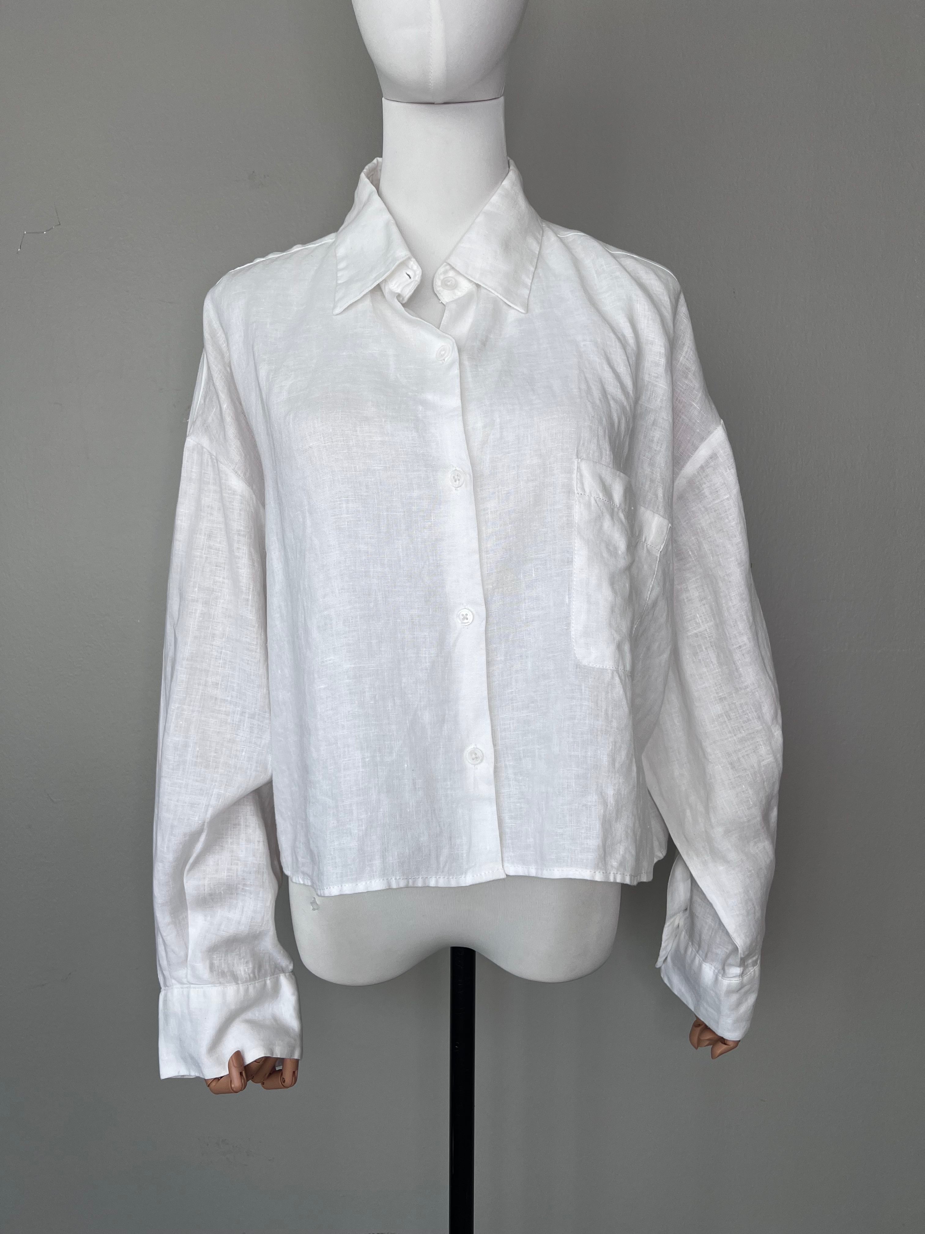 White linnen cropped button down shirt. - ZARA