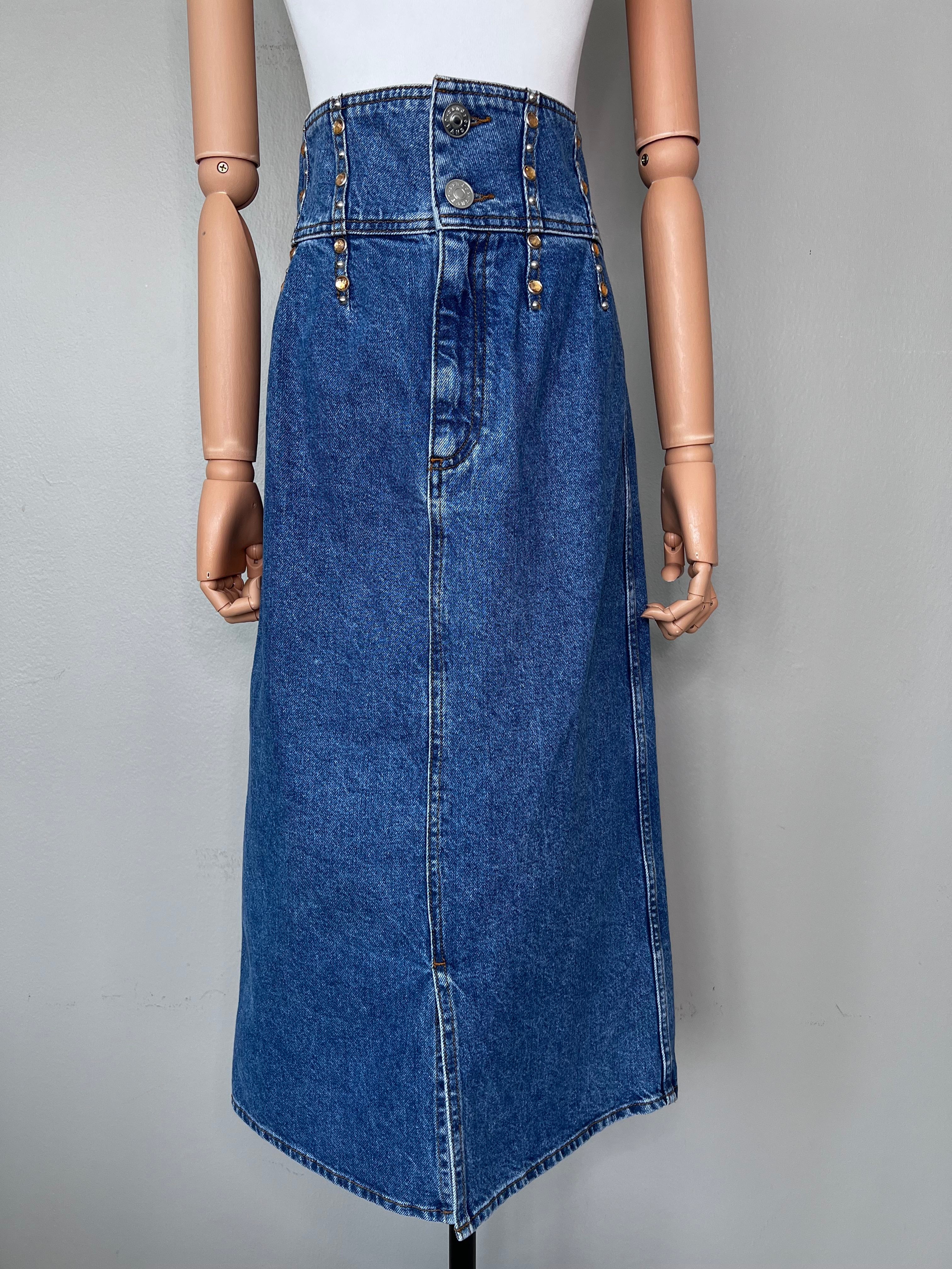 Under-the-knee denim skirt with an extra thick waistband, double buttons, and jewels going down the waistband. - SANDRO