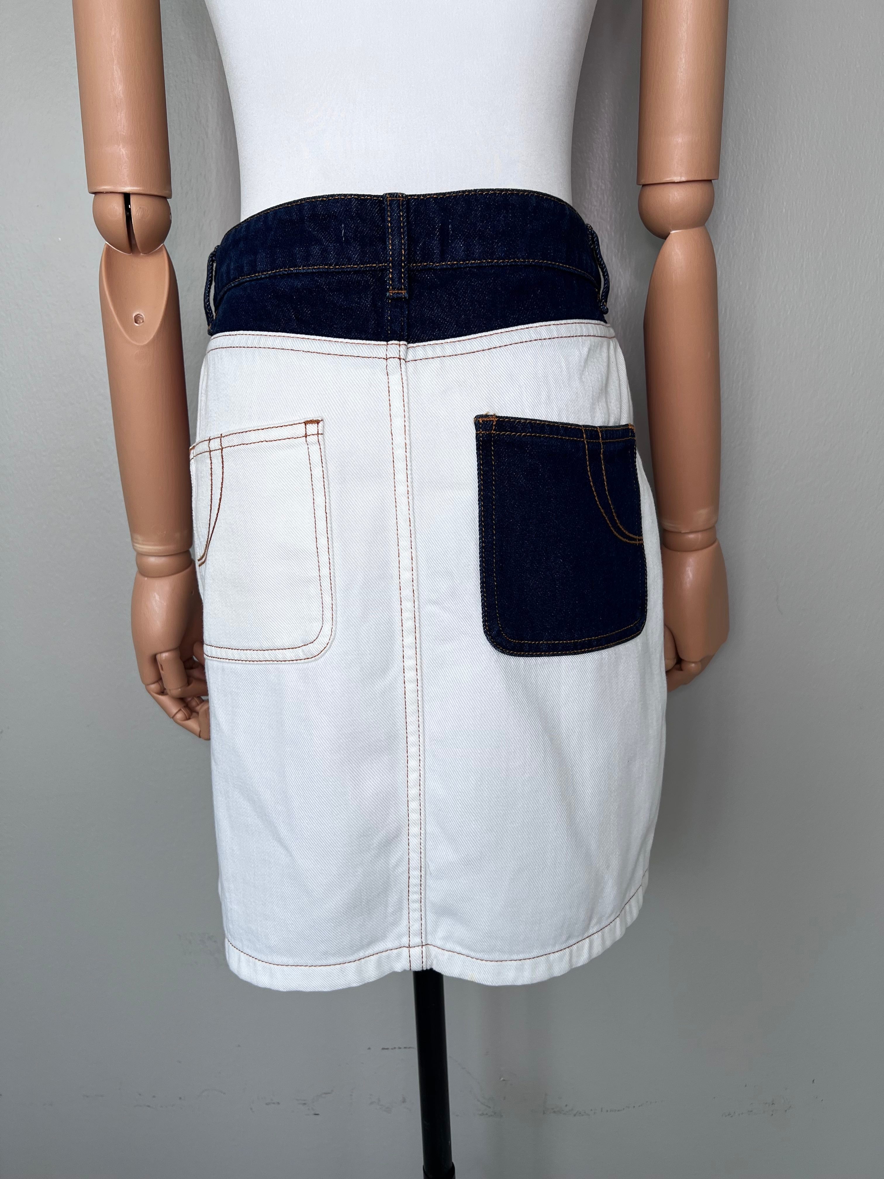 Mini multicolored denim skirt with blue denim waistband, one green pocket, pink denim across the top part, and blue denim on the back pocket. - MAJE