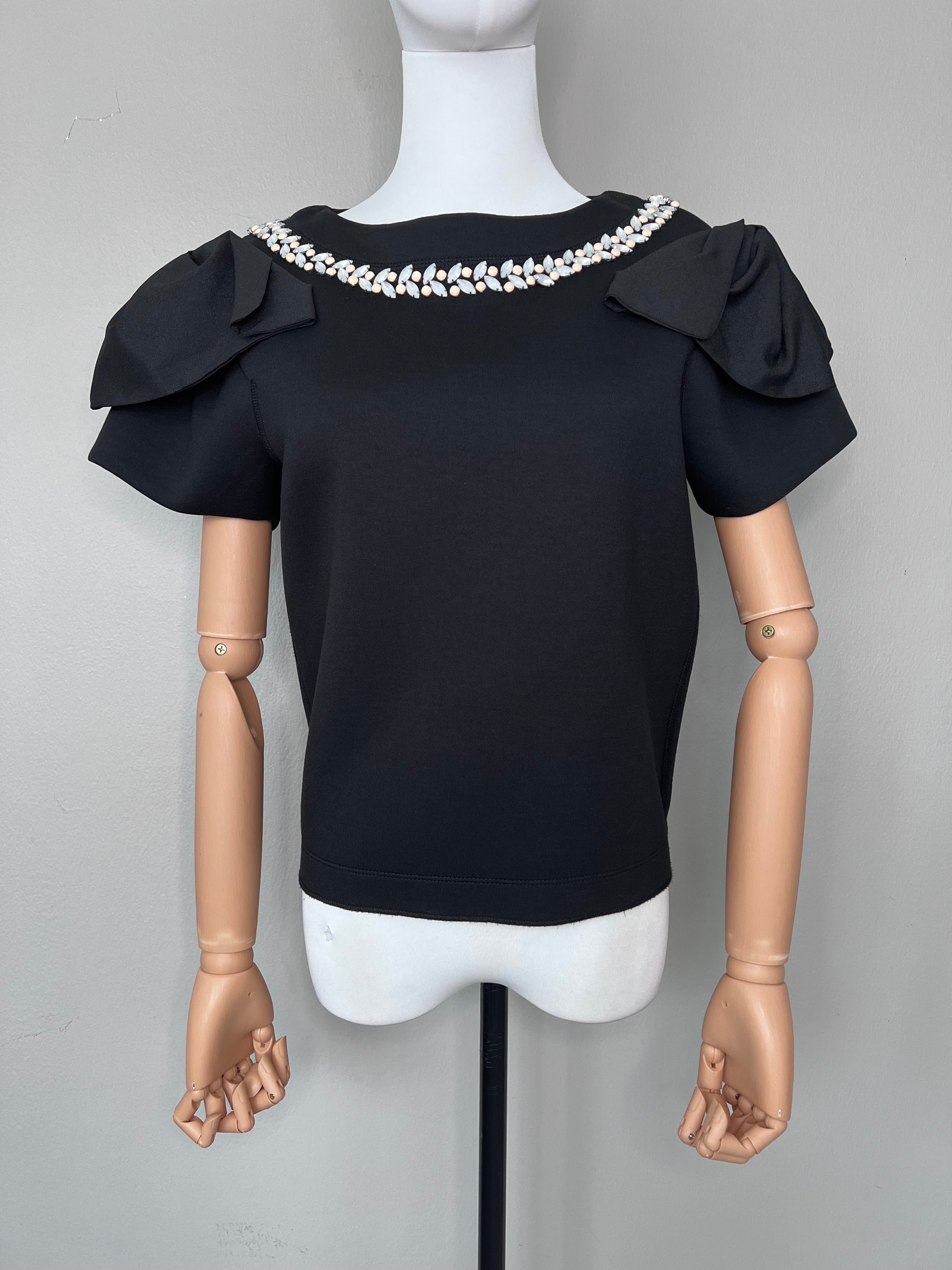 Black top with design on shoulder and gemstones across neckline - PINKO
