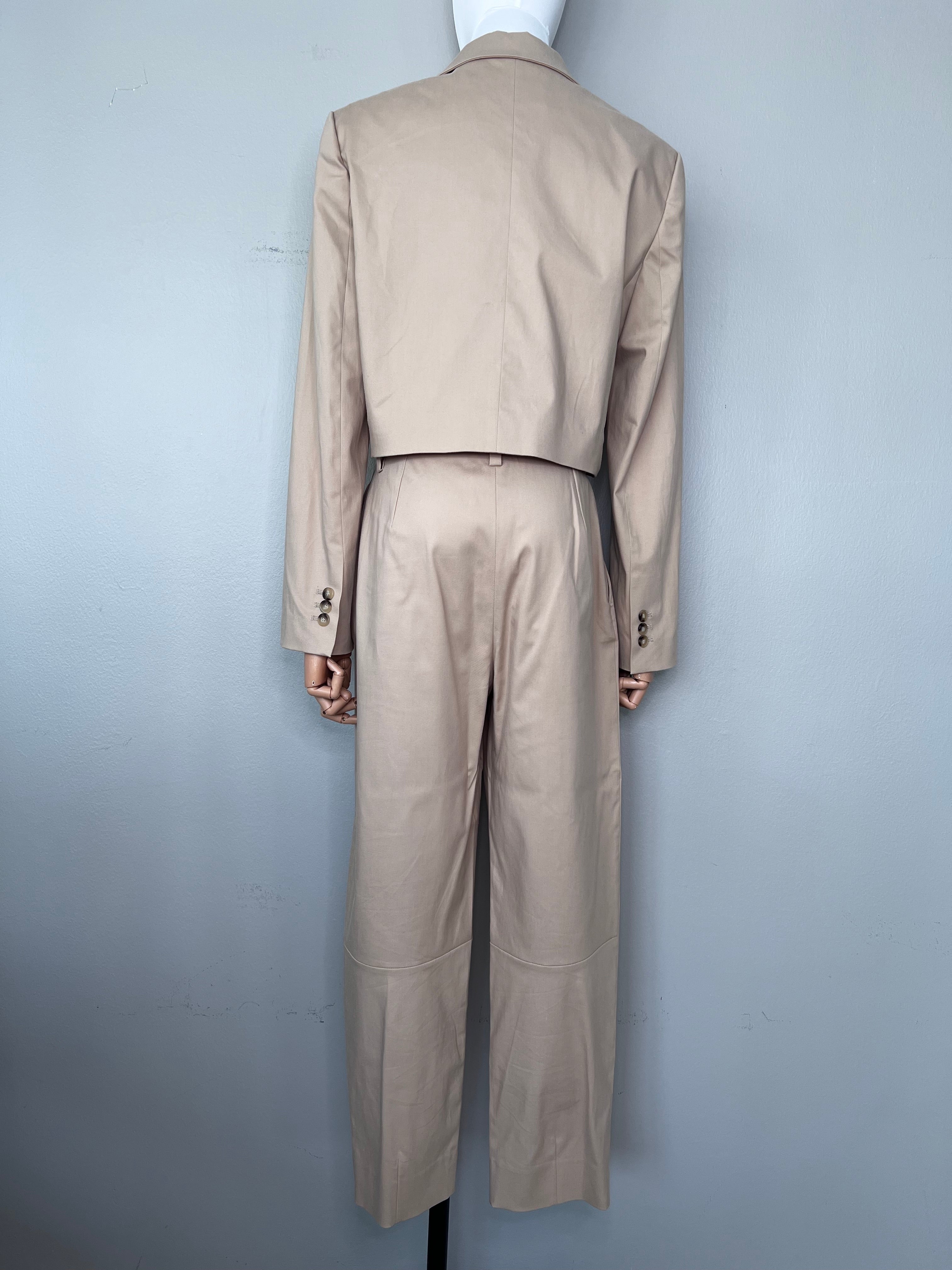 A set of Beige plain chic cropped blazer with Beige plain chic wide leg dress pants - MAJE