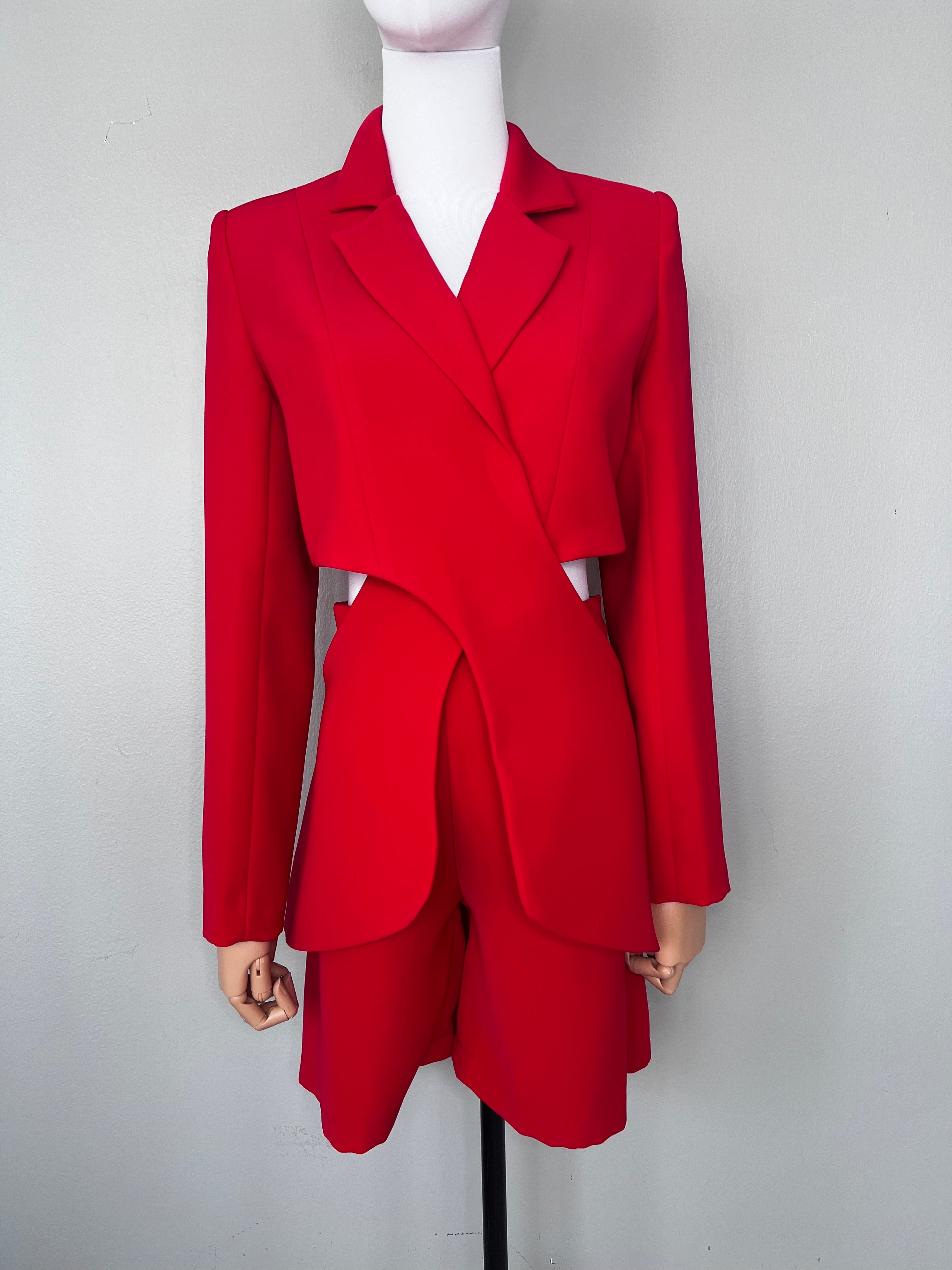 A set of Bloody red unique cropped blazer with cut-out ends and shorts - LES FOLIES DE SOPHIE