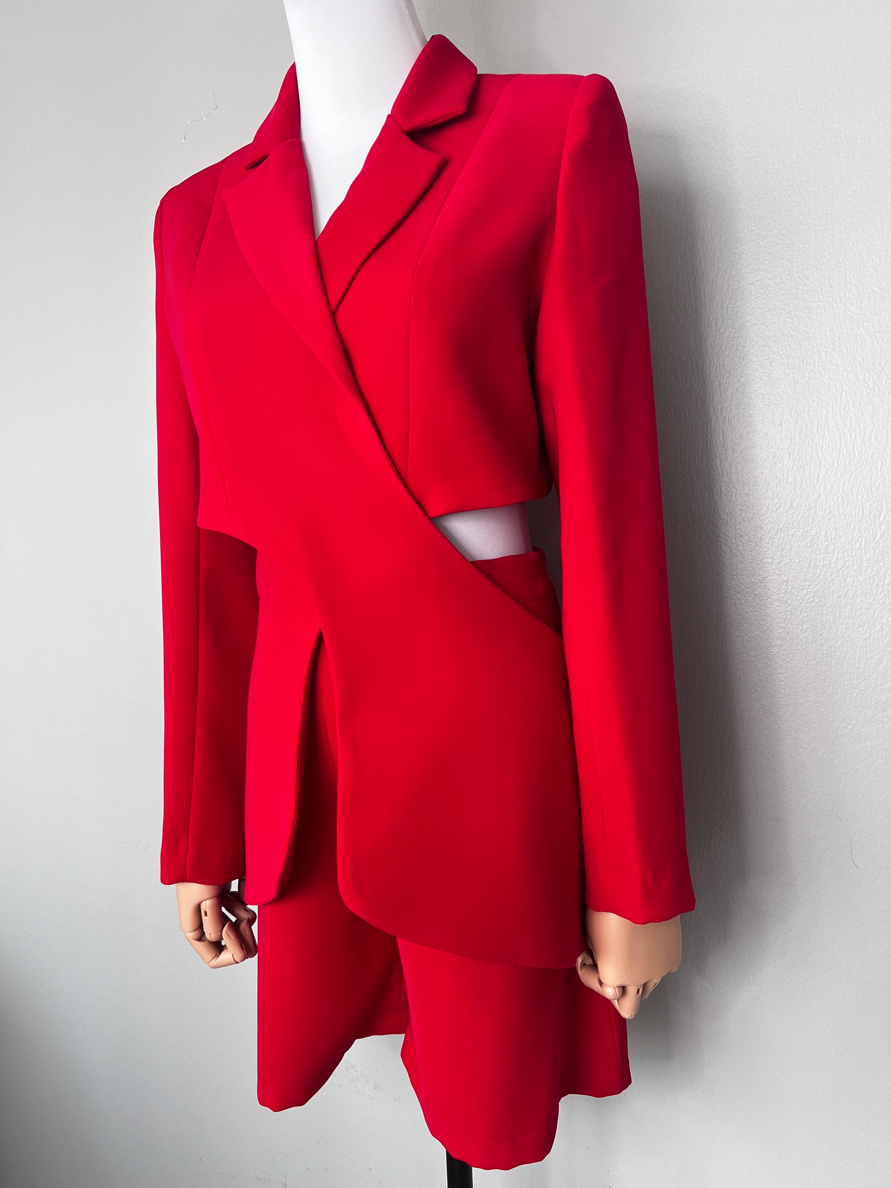 A set of Bloody red unique cropped blazer with cut-out ends and shorts - LES FOLIES DE SOPHIE