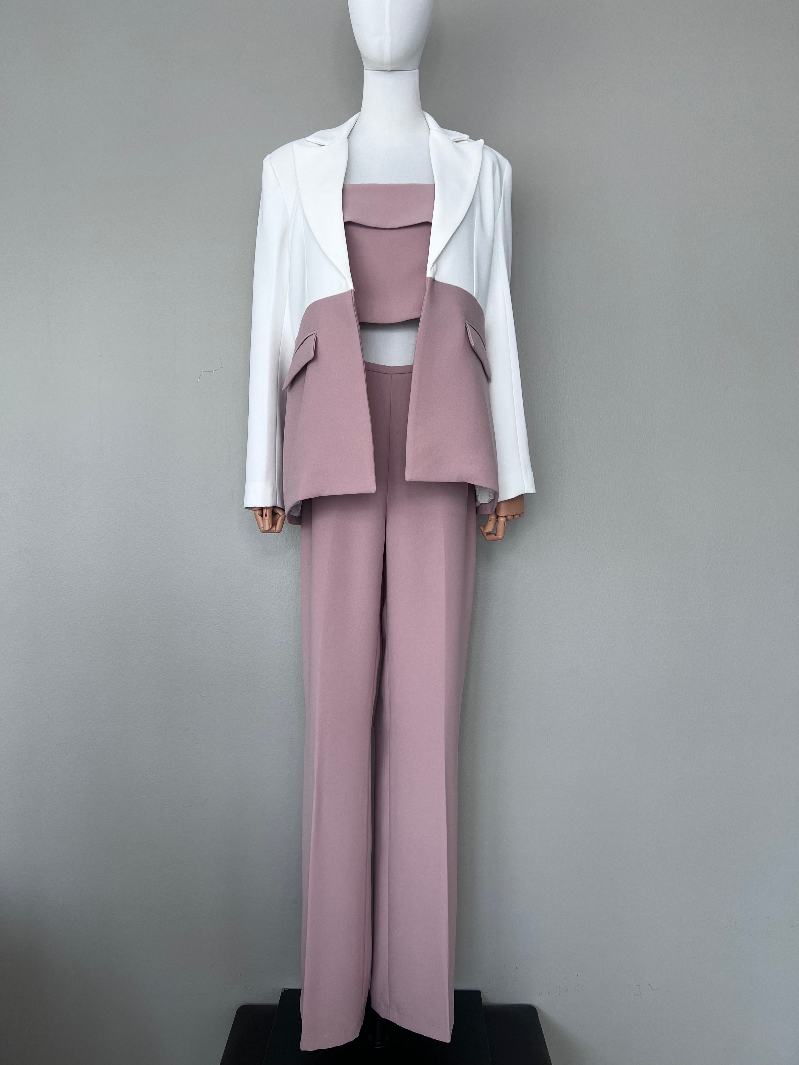 A set of Half white half pink modern blazer with pink dress pants - LES FOLIES DE SOPHIE