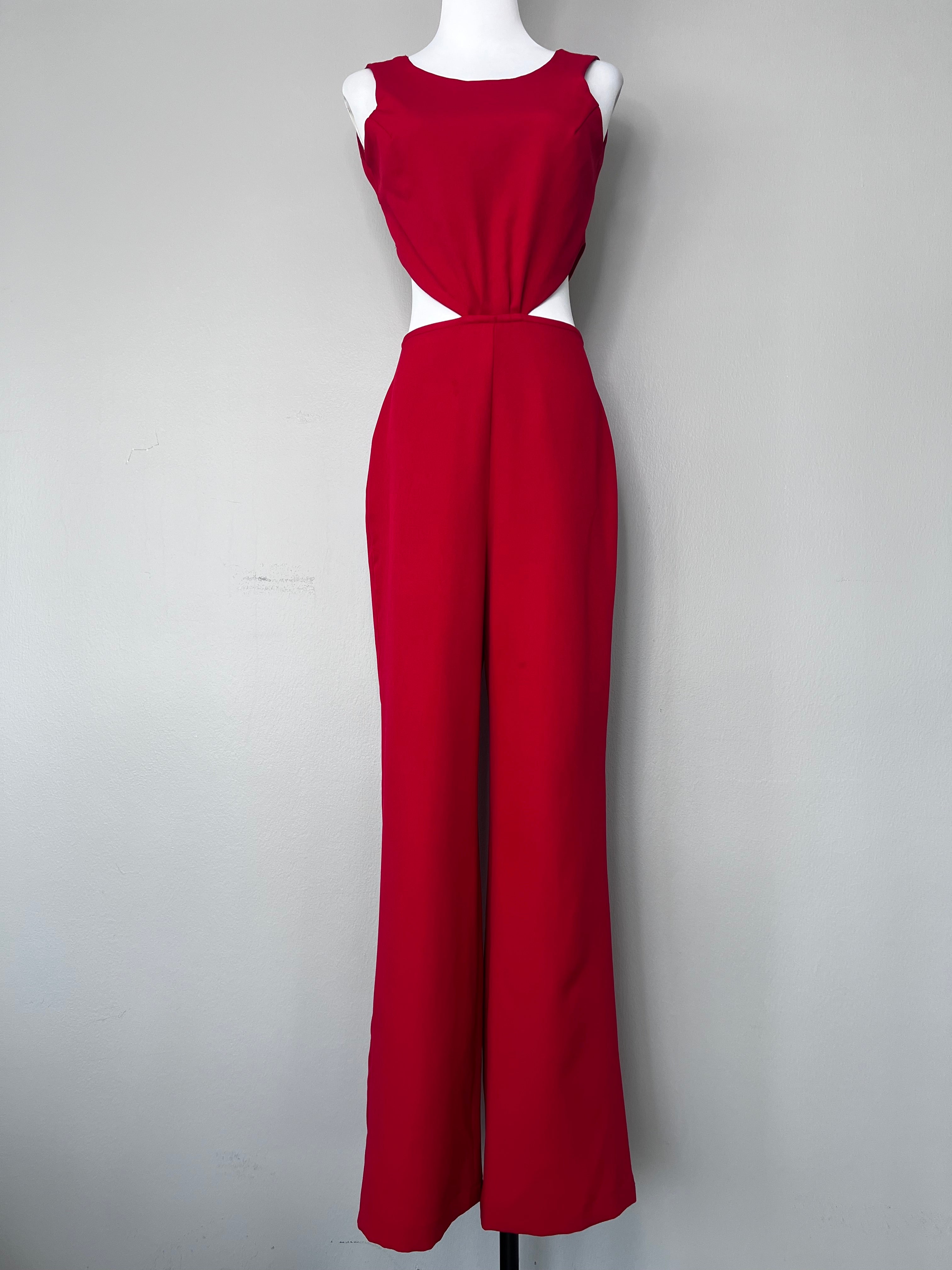 Red jumpsuit with cut outs at rib/waist. - DEE BY DALIA