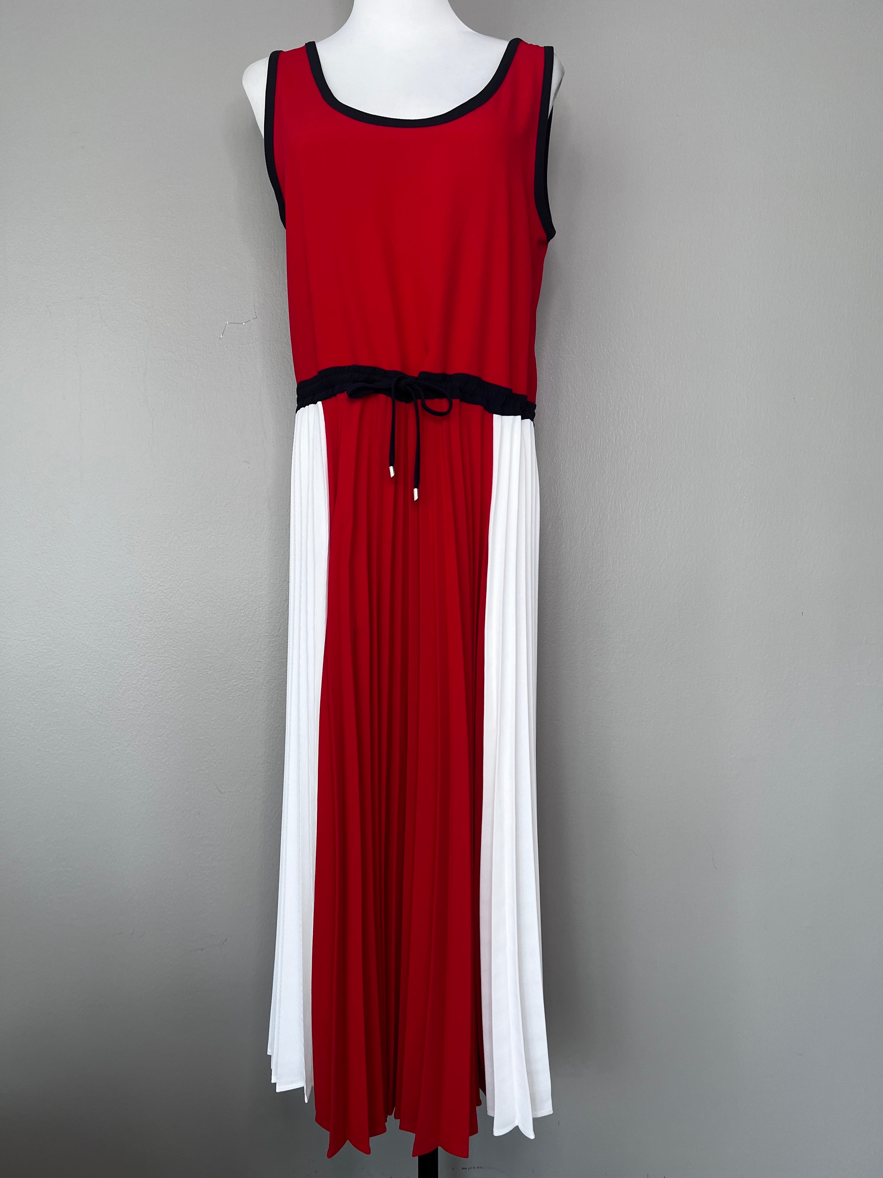 Red & white pleated midi sinched dress - TOMMY HILFIGER