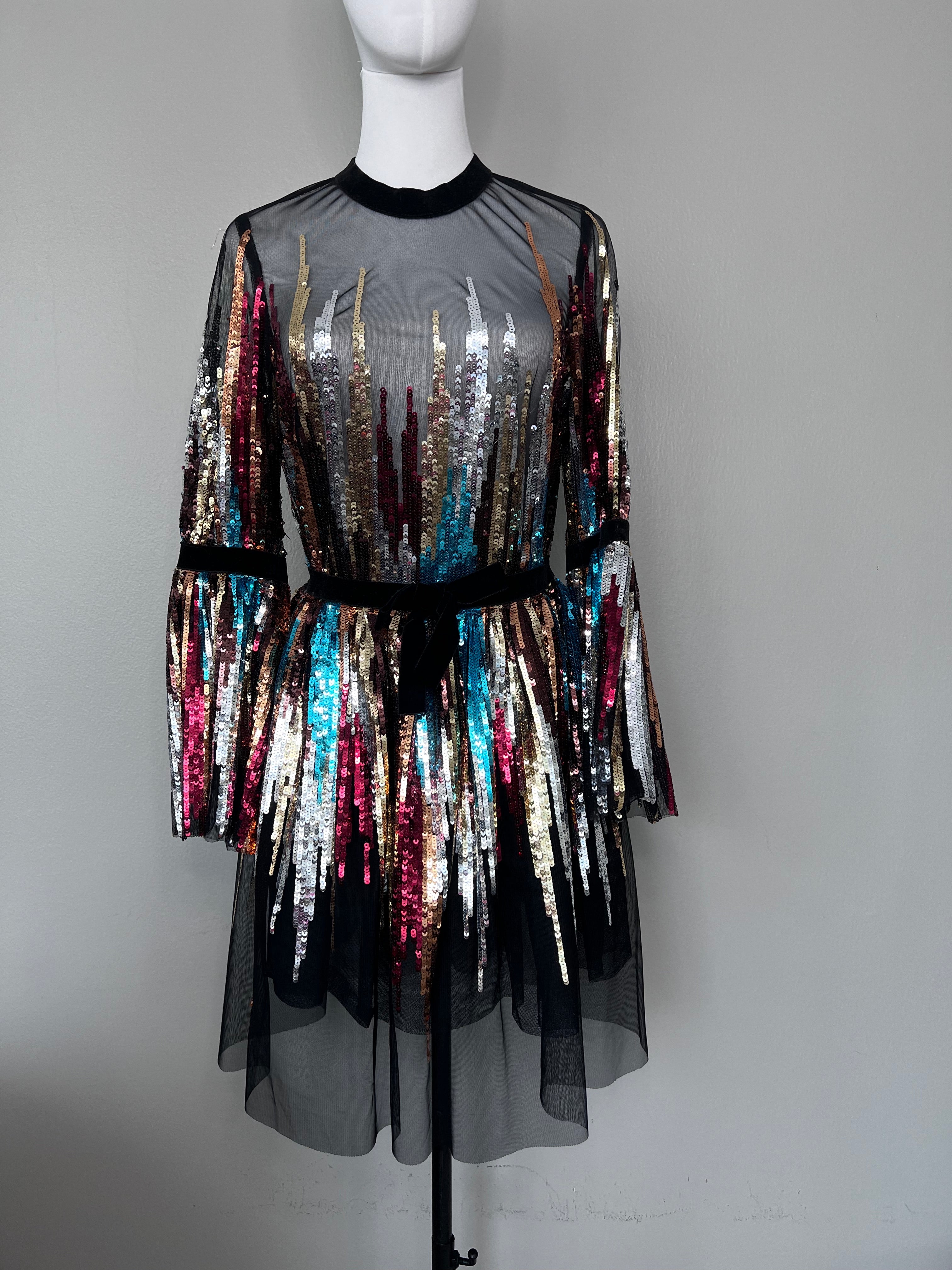 Mesh multicolor embellished long-sleeve dress - ZEENA ZAKI