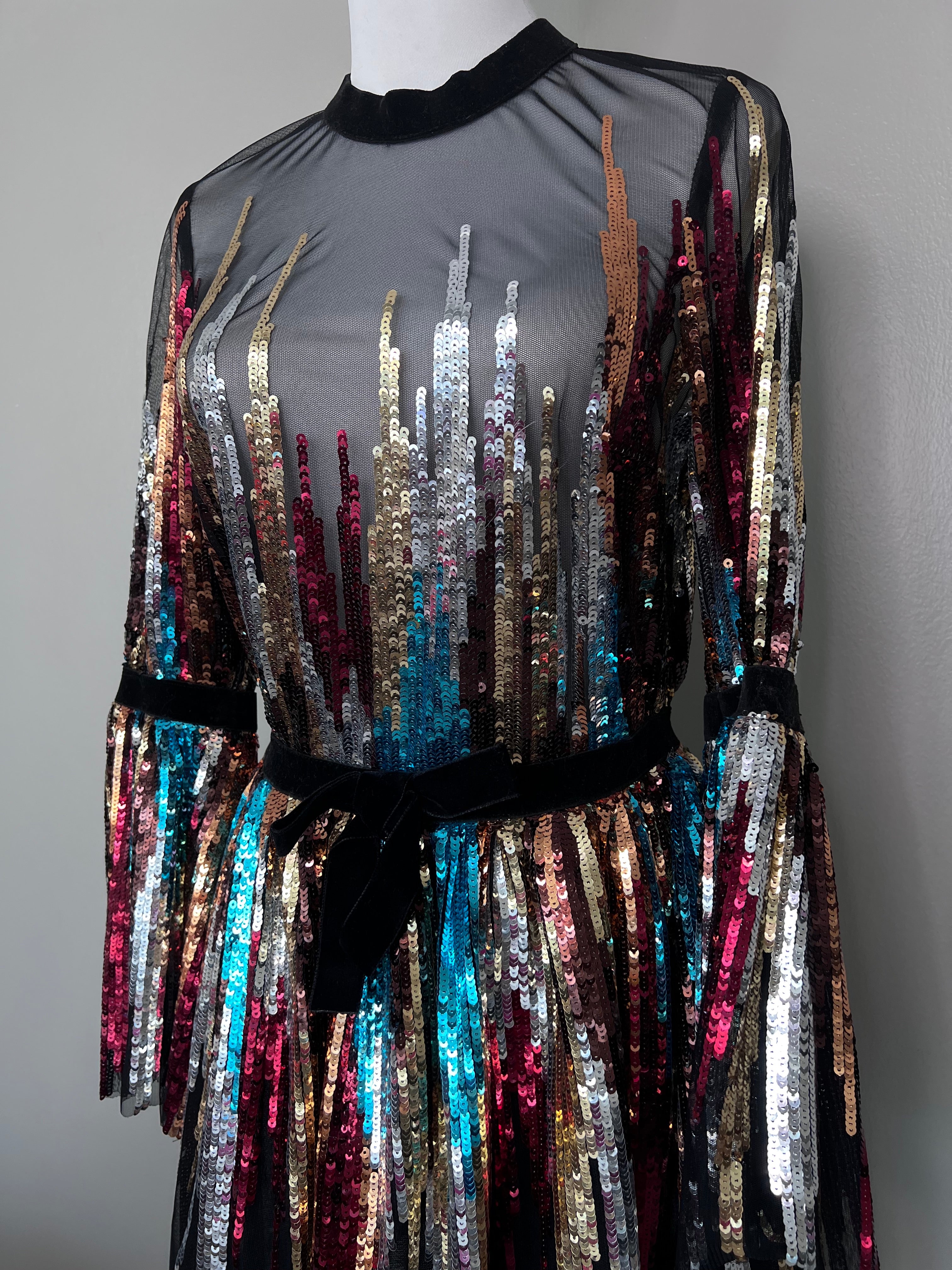 Mesh multicolor embellished long-sleeve dress - ZEENA ZAKI